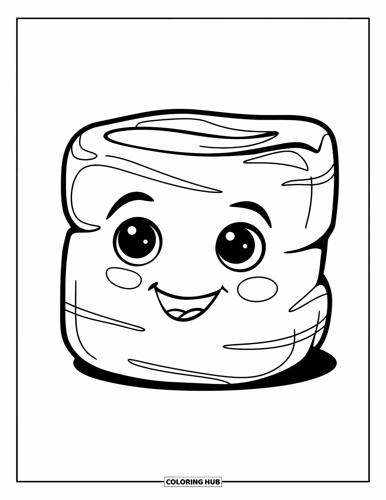 Marshmallow Coloring Page for Kids: A cheerful marshmallow with big eyes and a wide smile sits happily