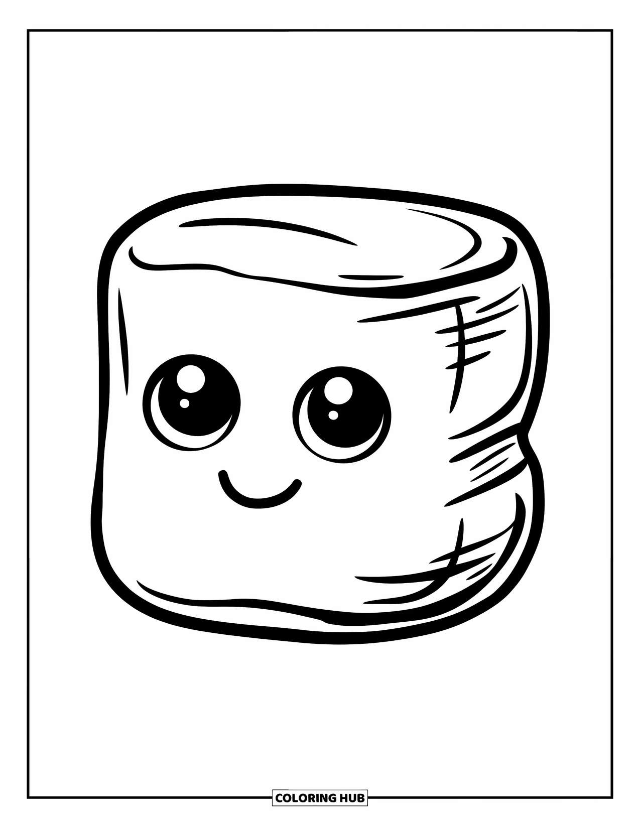 Marshmallow Coloring Page for Kids: A cute marshmallow with large eyes smiles cheerfully