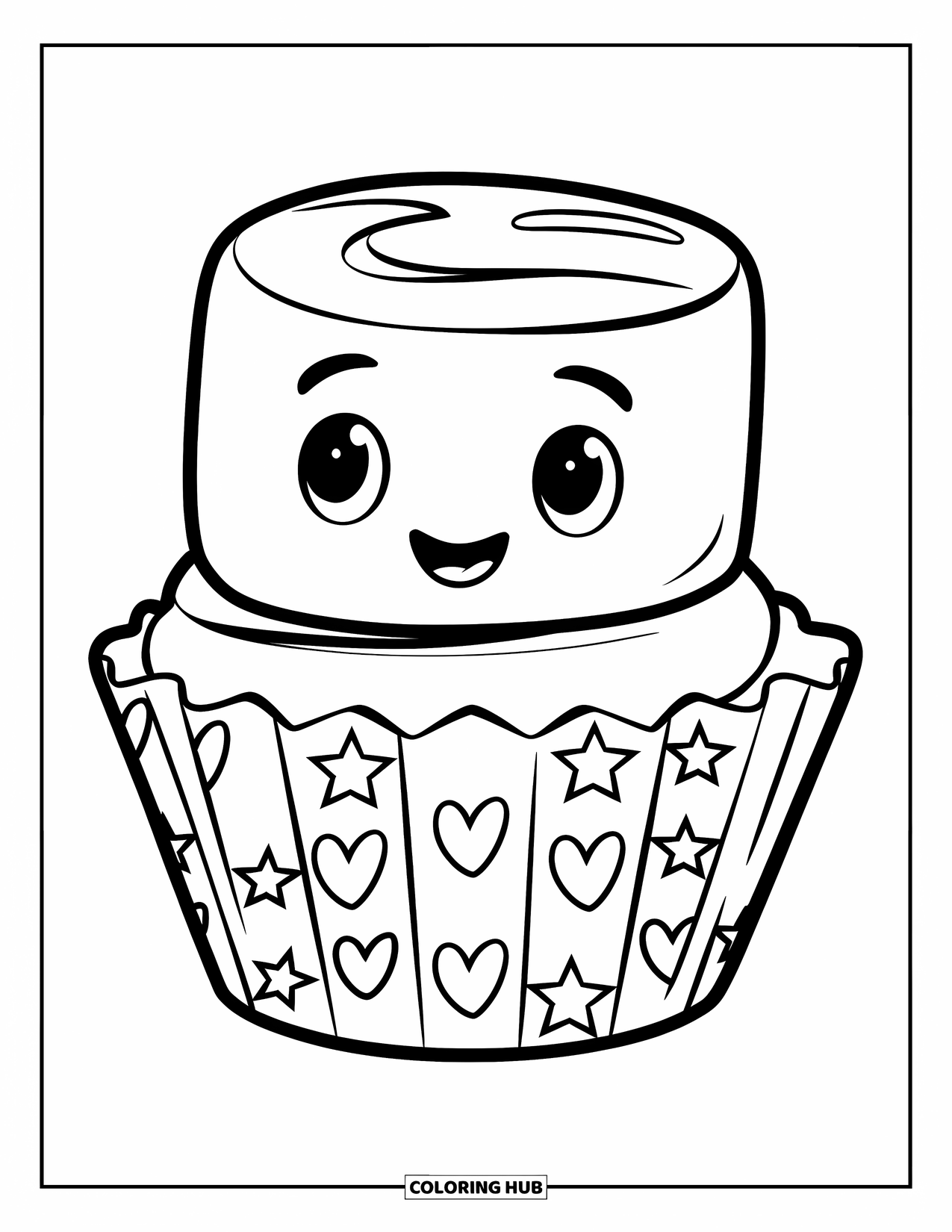 Marshmallow Coloring Page for Kids: A happy marshmallow rests in a cupcake wrapper decorated with hearts and stars