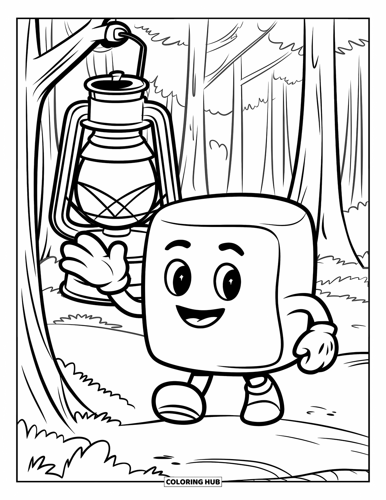 Marshmallow Coloring Page for Kids: A happy marshmallow waves near a hanging lantern among tall trees