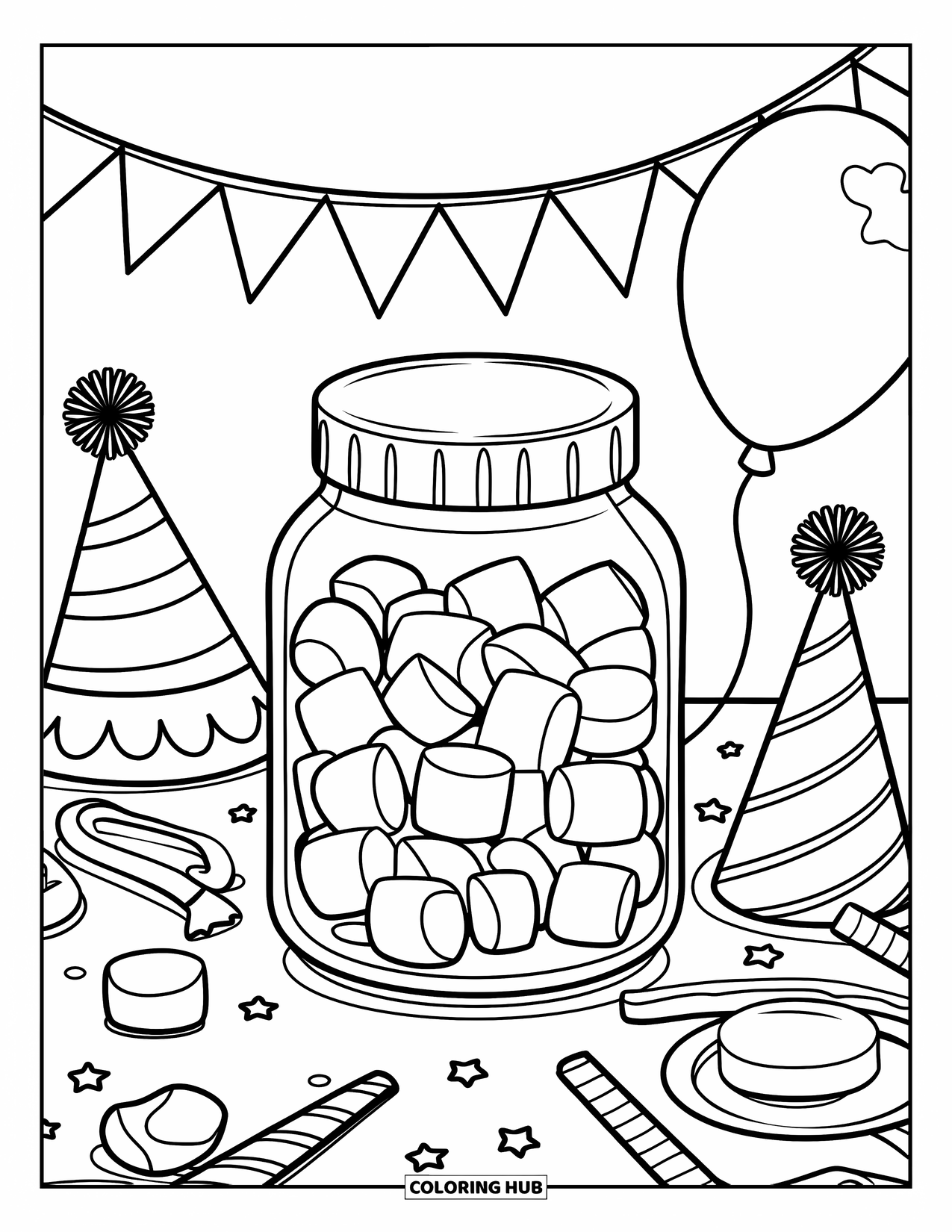 Marshmallow Coloring Page for Kids: A jar of marshmallows rests on a party table with balloons and a banner