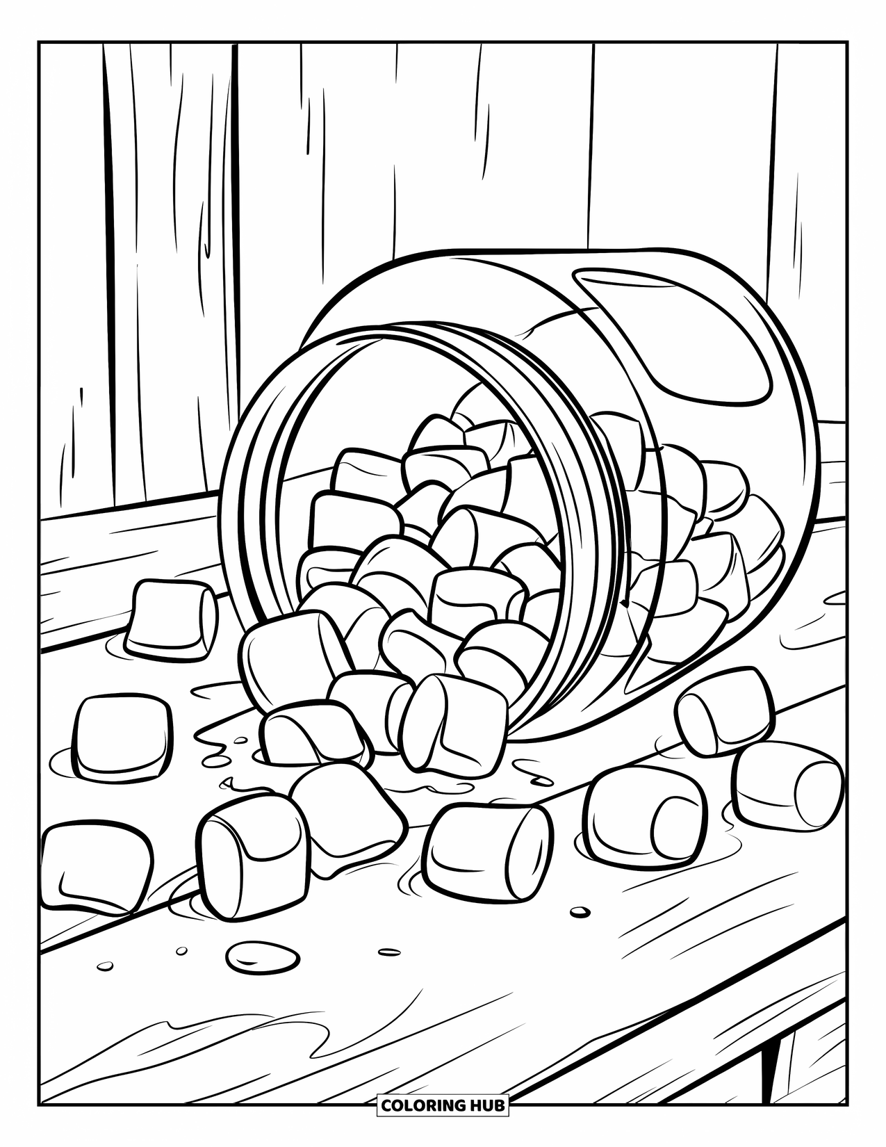 Marshmallow Coloring Page for Kids: A jar tips over on a table, spilling marshmallows everywhere