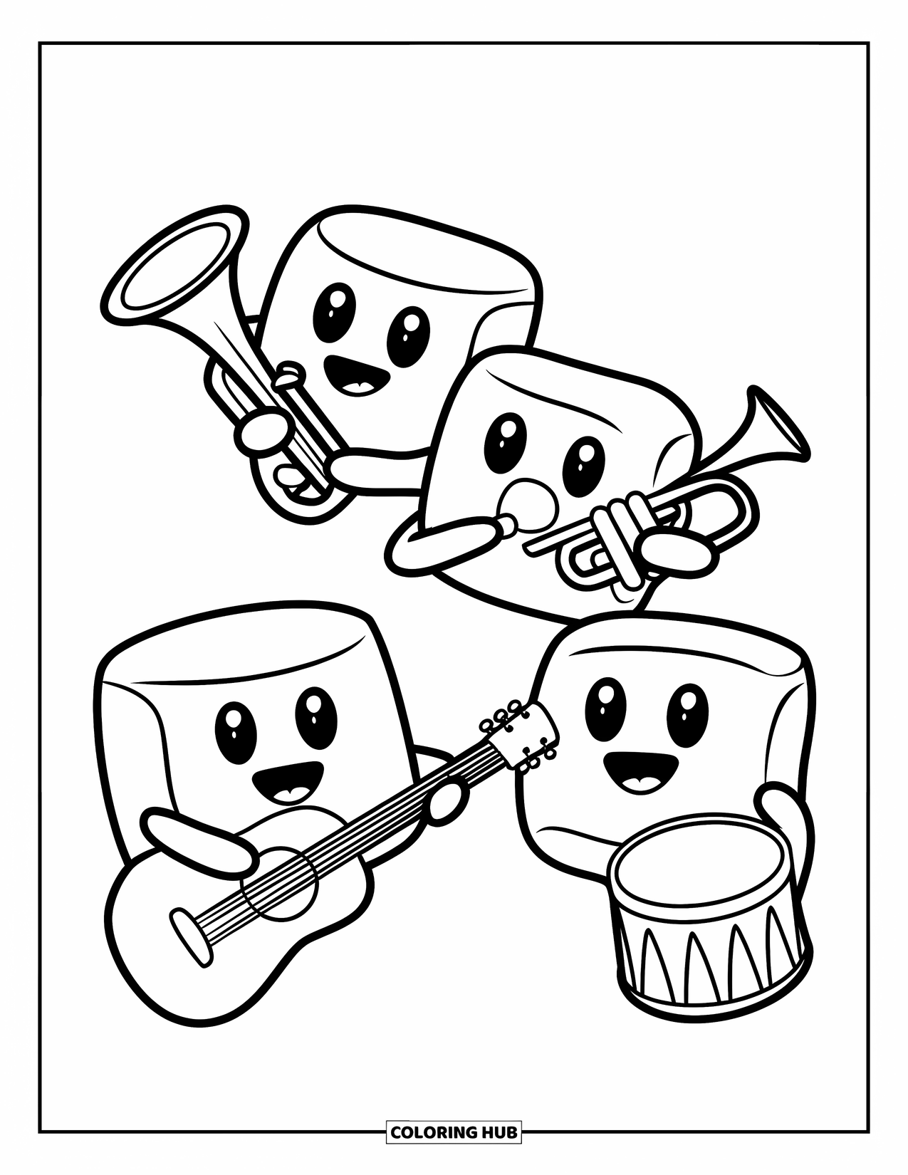 Marshmallow Coloring Page for Kids: A marshmallow band performs with a guitar, trumpet, and drum