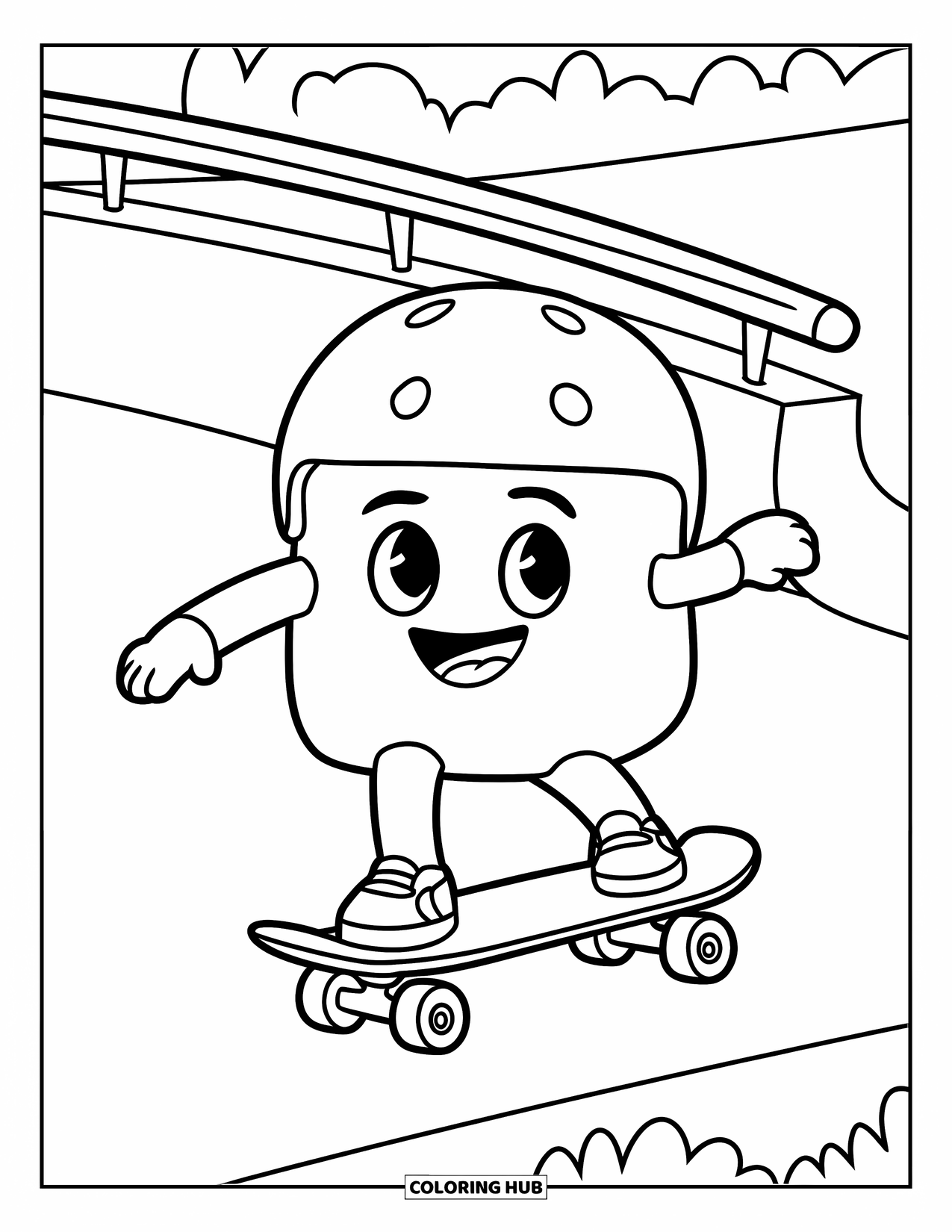 Marshmallow Coloring Page for Kids: A marshmallow skates on a ramp wearing a helmet and cheerful grin