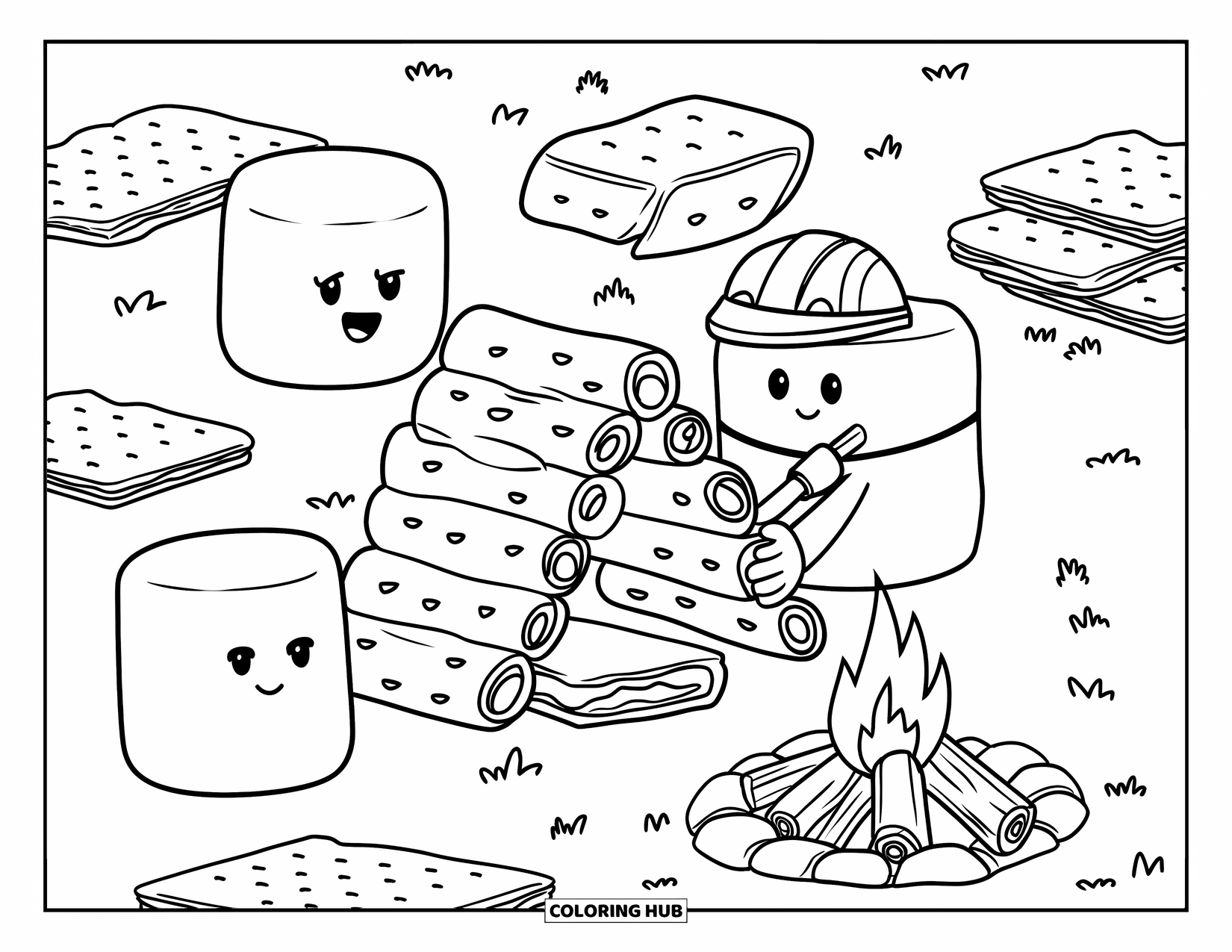 Marshmallow Coloring Page for Kids: A marshmallow with a helmet builds a log cabin by a campfire