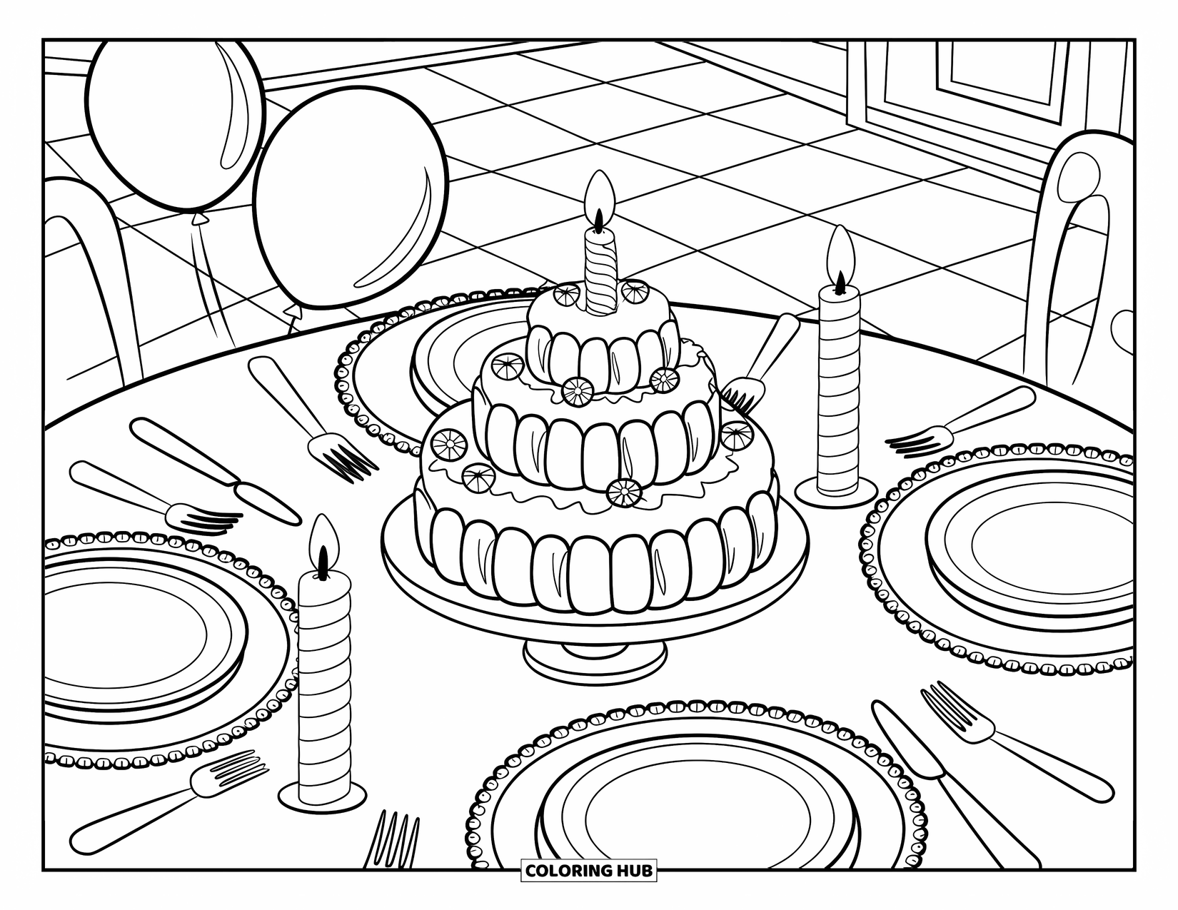 Marshmallow Coloring Page for Kids: A party table displays a marshmallow cake with balloons and candles