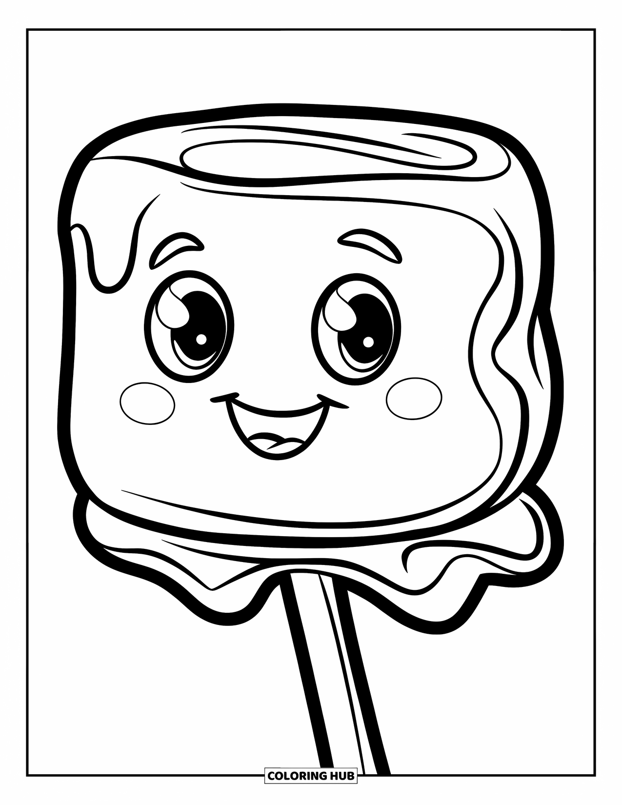 Marshmallow Coloring Page for Kids: A smiling marshmallow sits on a stick with chocolate chip features