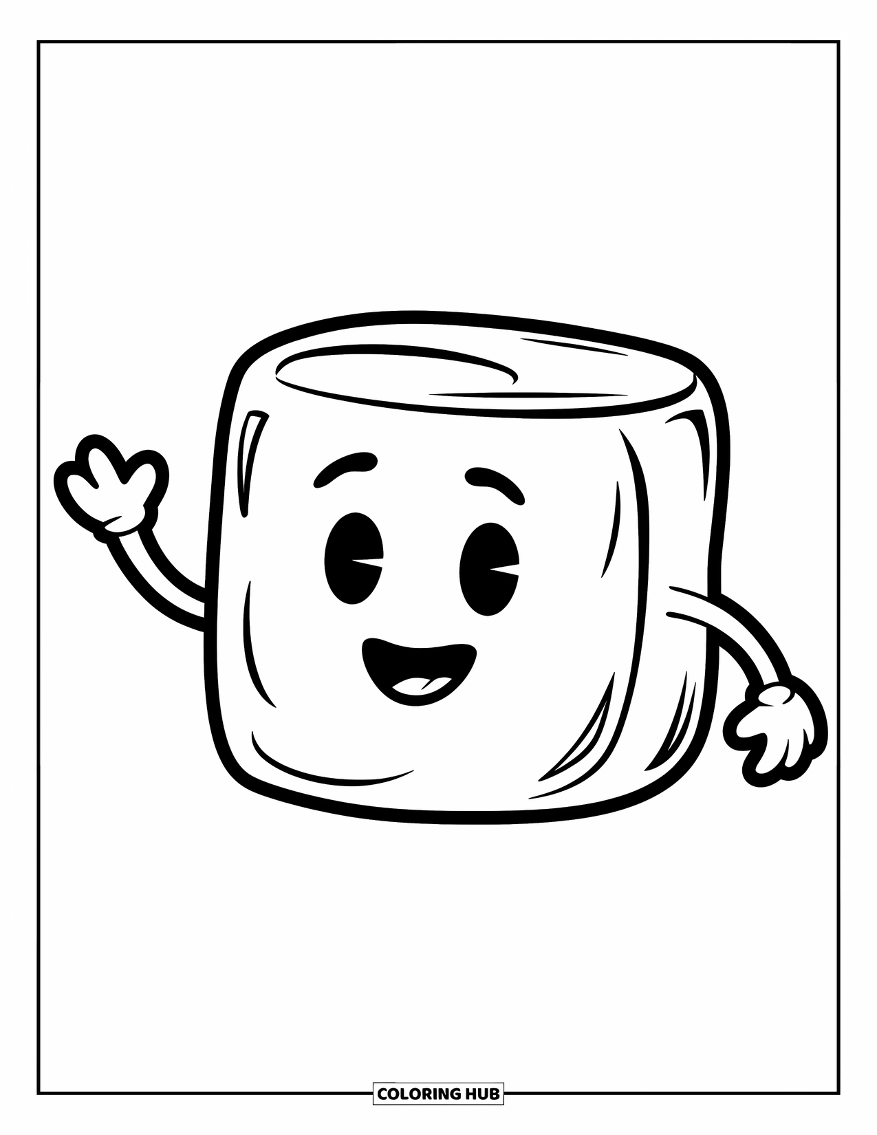 Marshmallow Coloring Page for Kids: A smiling marshmallow waves hello with tiny arms