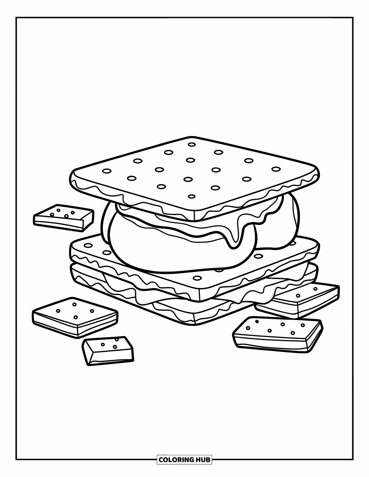 Marshmallow Coloring Page for Kids: A s'mores stack surrounded by scattered chocolate and graham crackers