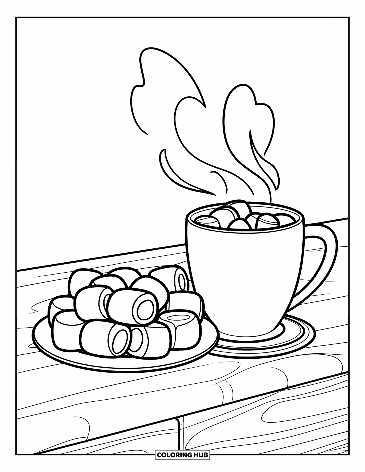 Marshmallow Coloring Page for Kids: A steaming cocoa mug beside a plate of marshmallows on a table