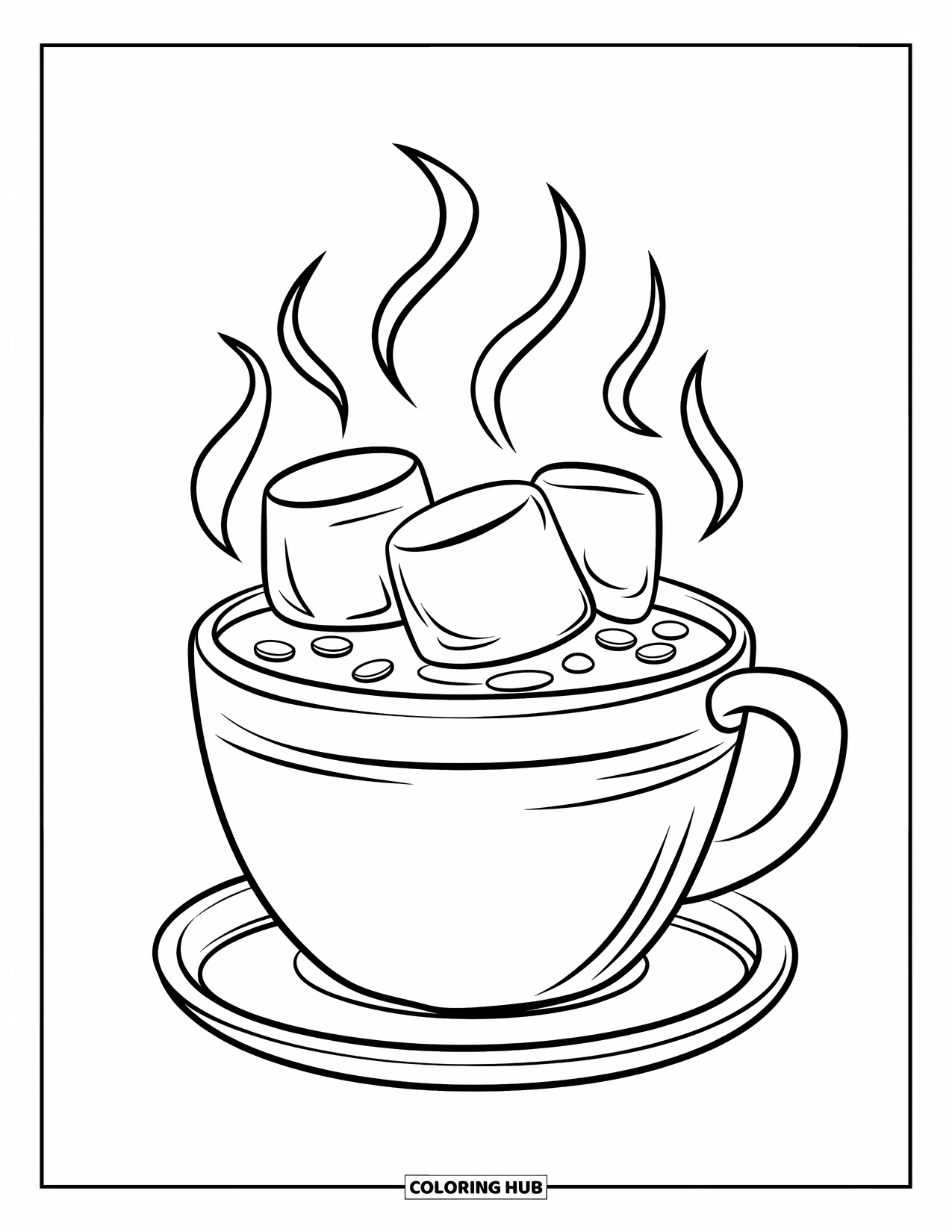 Marshmallow Coloring Page for Kids: A steaming mug of cocoa topped with fluffy marshmallows and chocolate chips