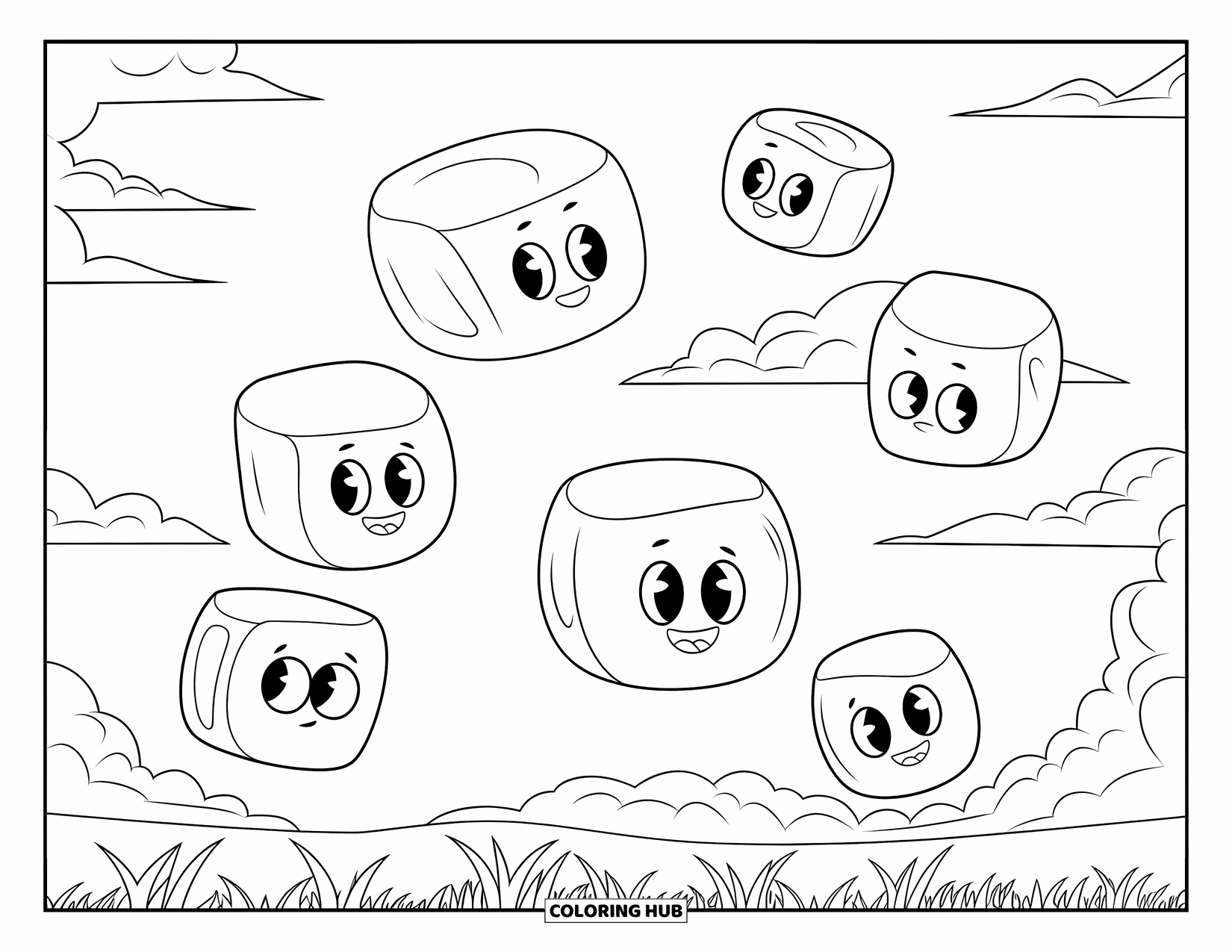 Marshmallow Coloring Page for Kids: Cheerful marshmallows drift in the sky above a grassy meadow