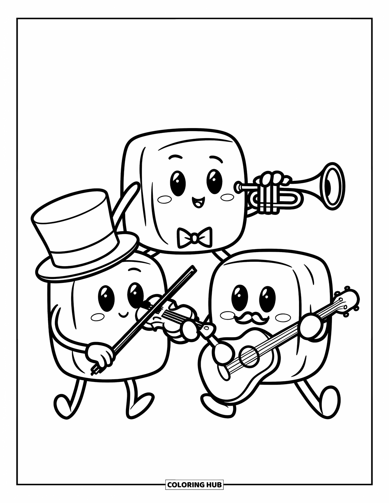 Marshmallow Coloring Page for Kids: Marshmallow musicians play tiny instruments together on stage