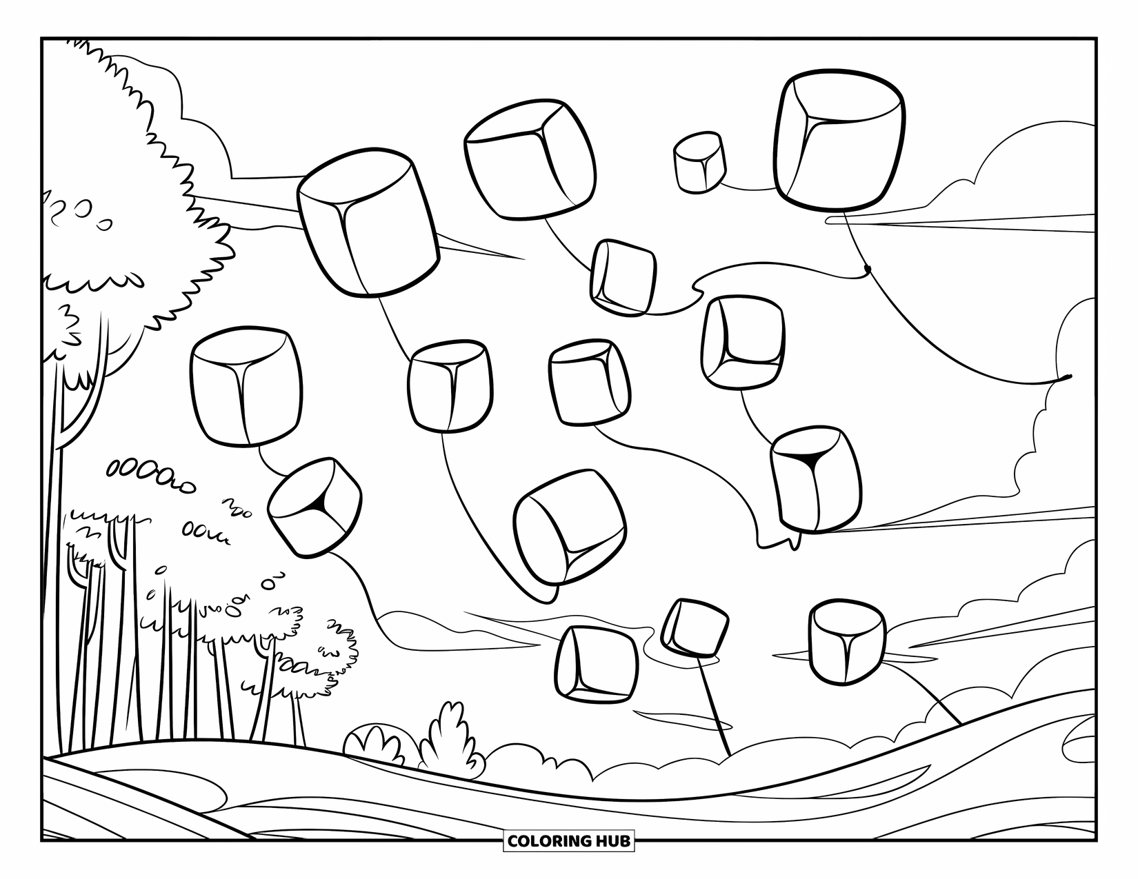 Marshmallow Coloring Page for Kids: Marshmallows float above trees under a calm, cloudy sky
