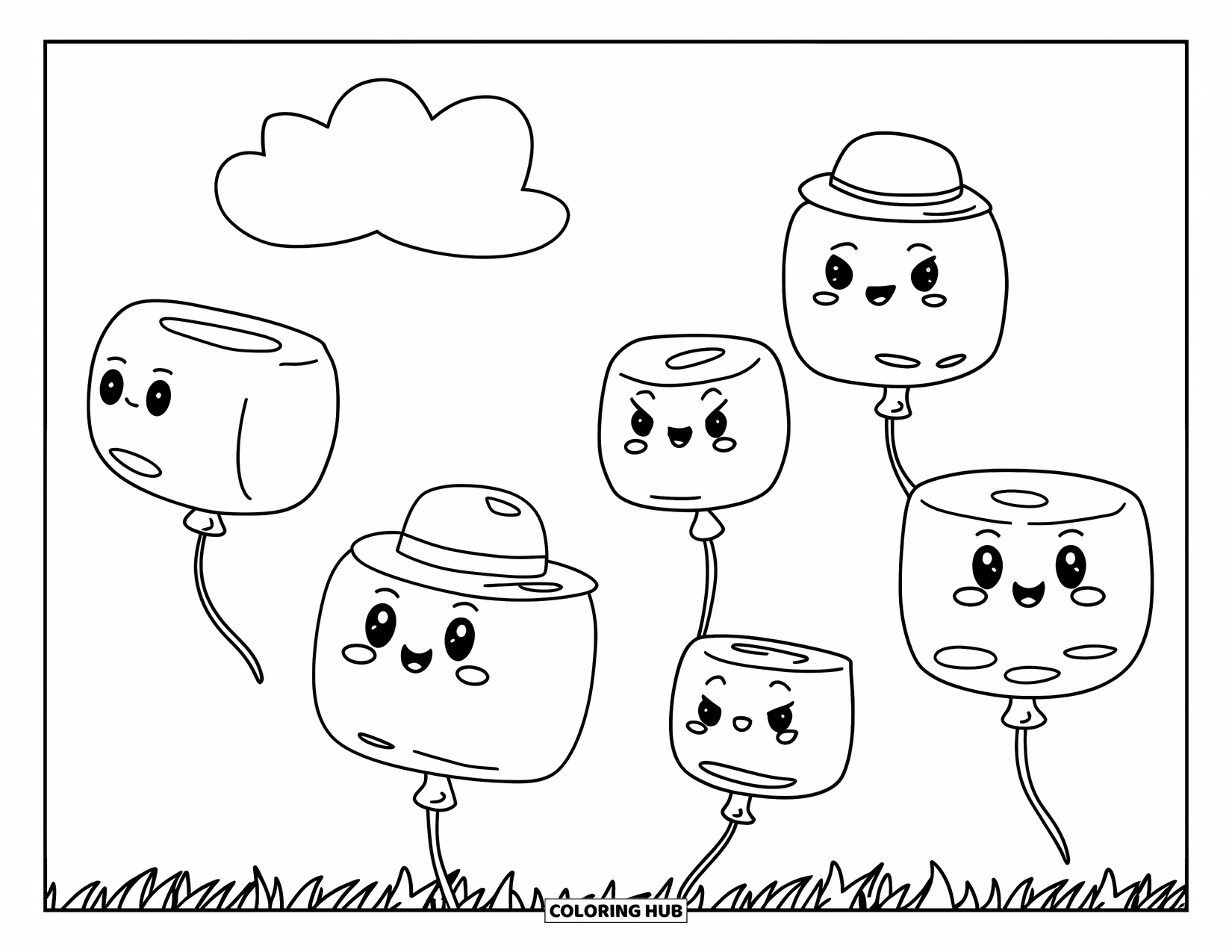 Marshmallow Coloring Page for Kids: Marshmallows float like balloons above grassy fields and clouds