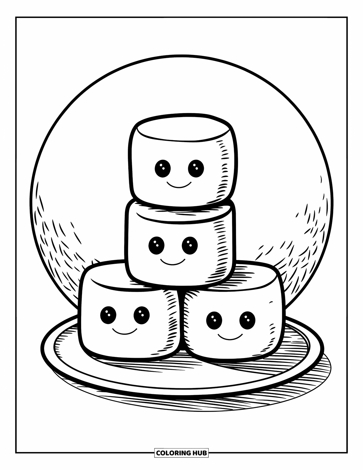 Marshmallow Coloring Page for Kids: Smiling marshmallows form a tower resting on a plate