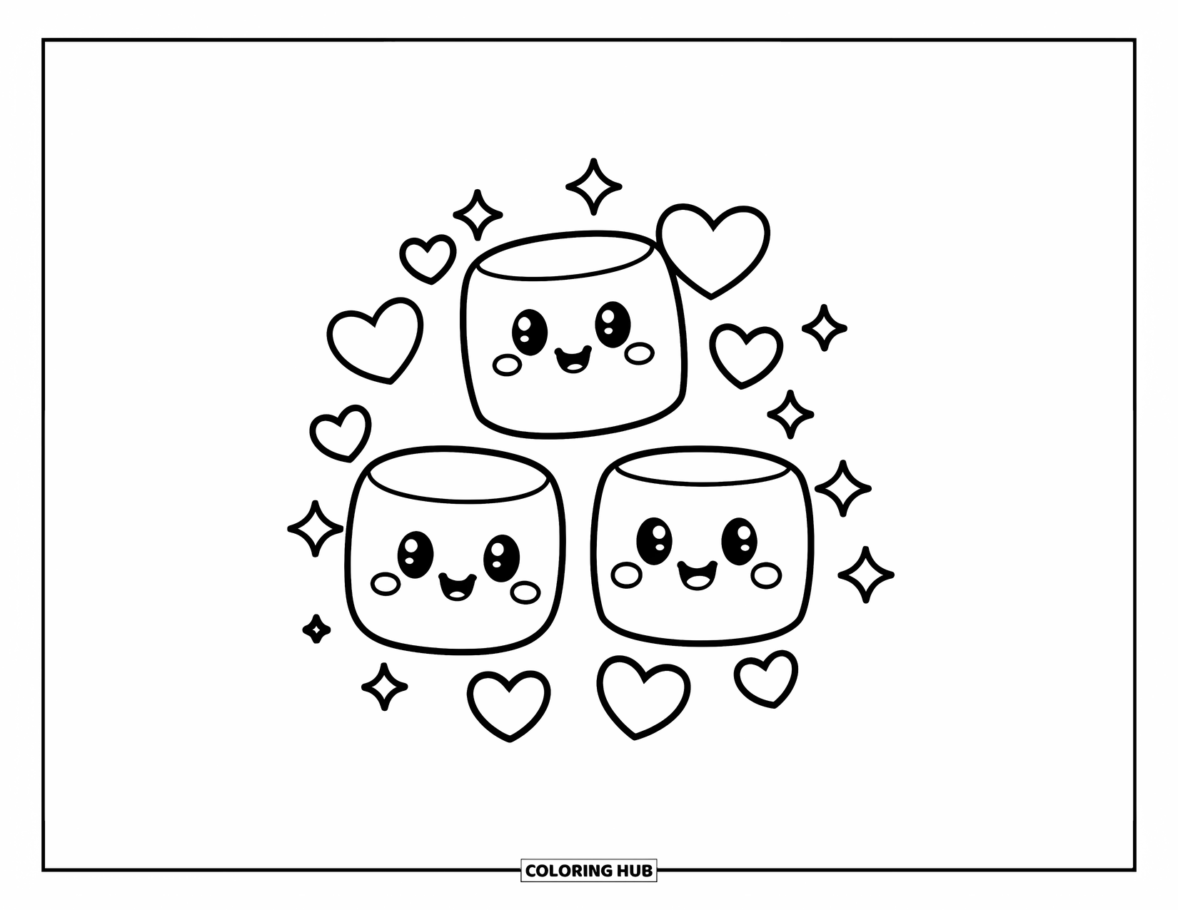 Marshmallow Coloring Page for Kids: Three cute marshmallows sit together surrounded by hearts and sparkles
