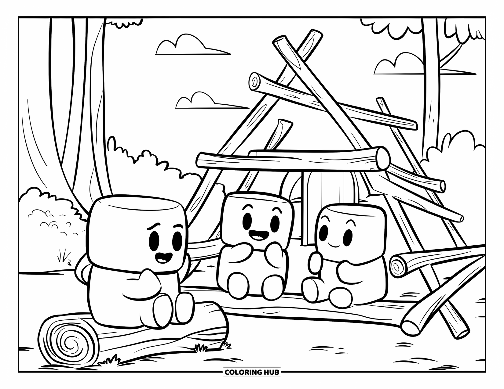 Marshmallow Coloring Page for Kids: Three marshmallow friends build a small fort near tall trees