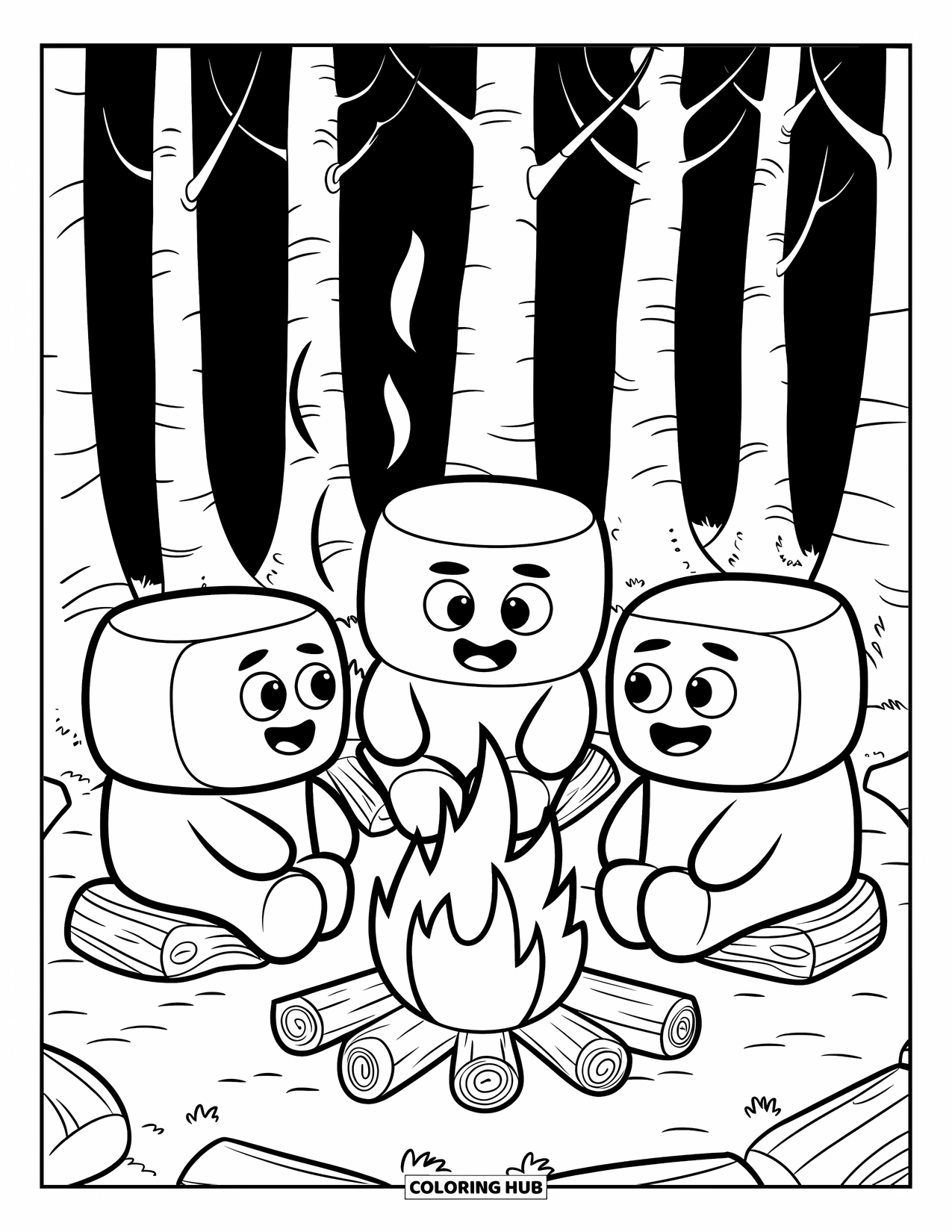 Marshmallow Coloring Page for Kids: Three marshmallows sit in a circle by the fire under tall trees