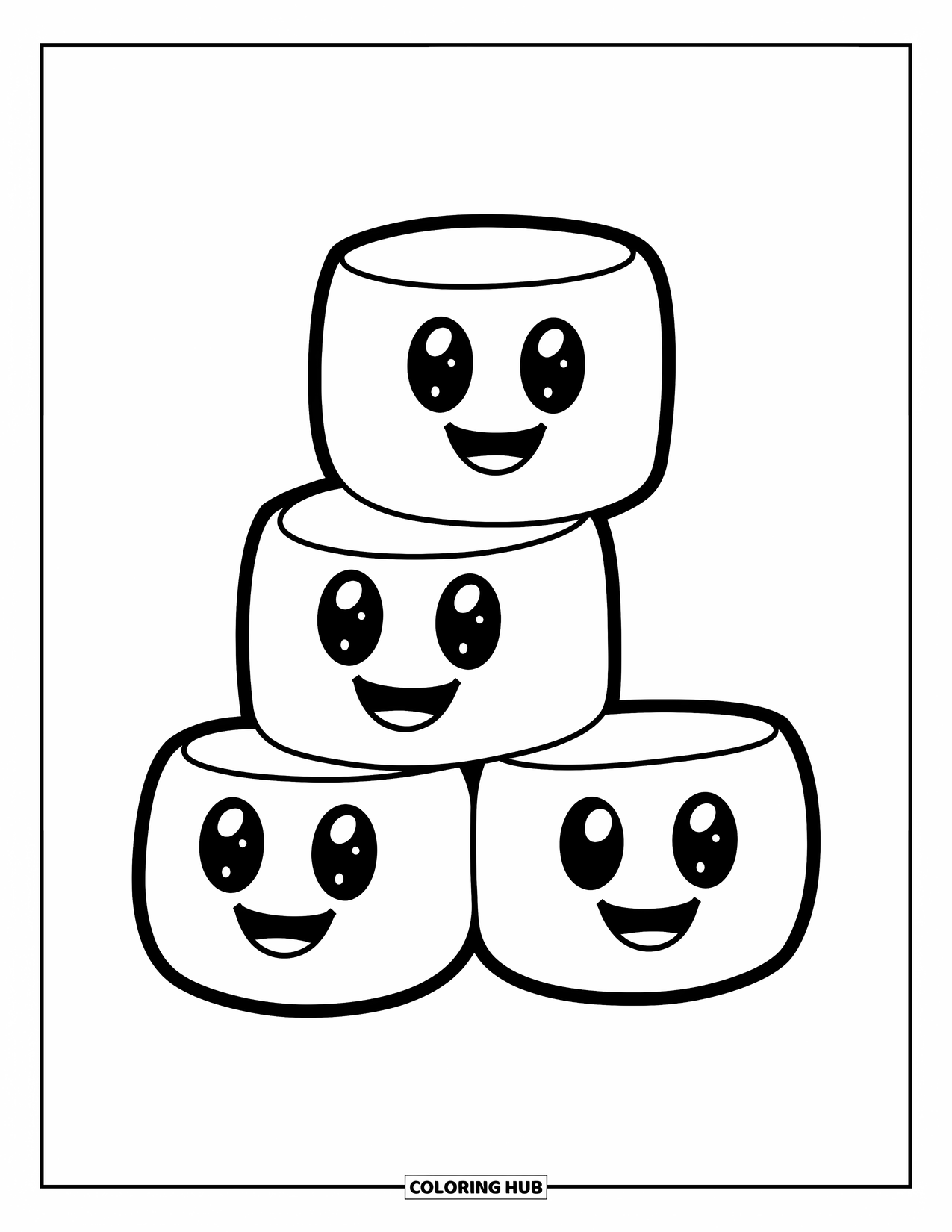 Marshmallow Coloring Page for Kids: Three stacked marshmallows form a happy tower with playful shapes