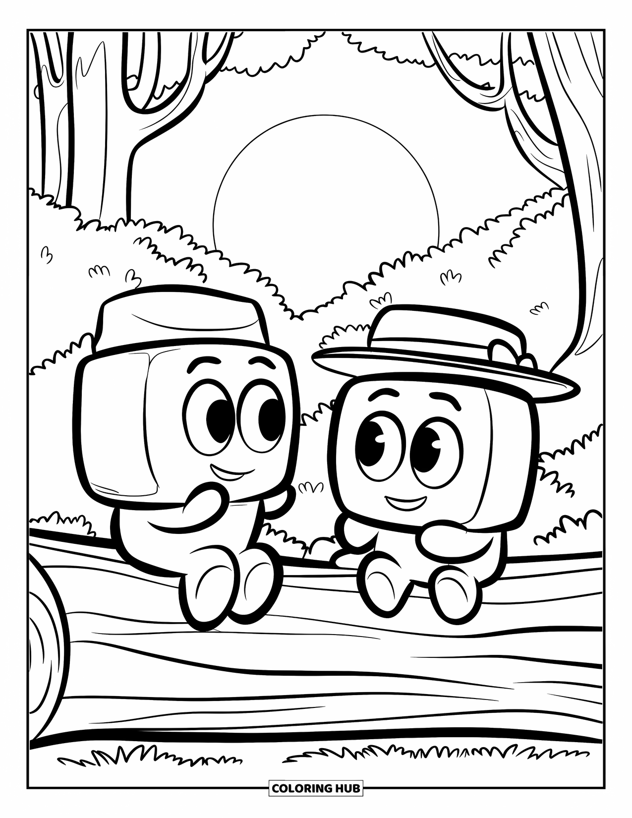 Marshmallow Coloring Page for Kids: Two marshmallows sit on a log sharing stories at sunset