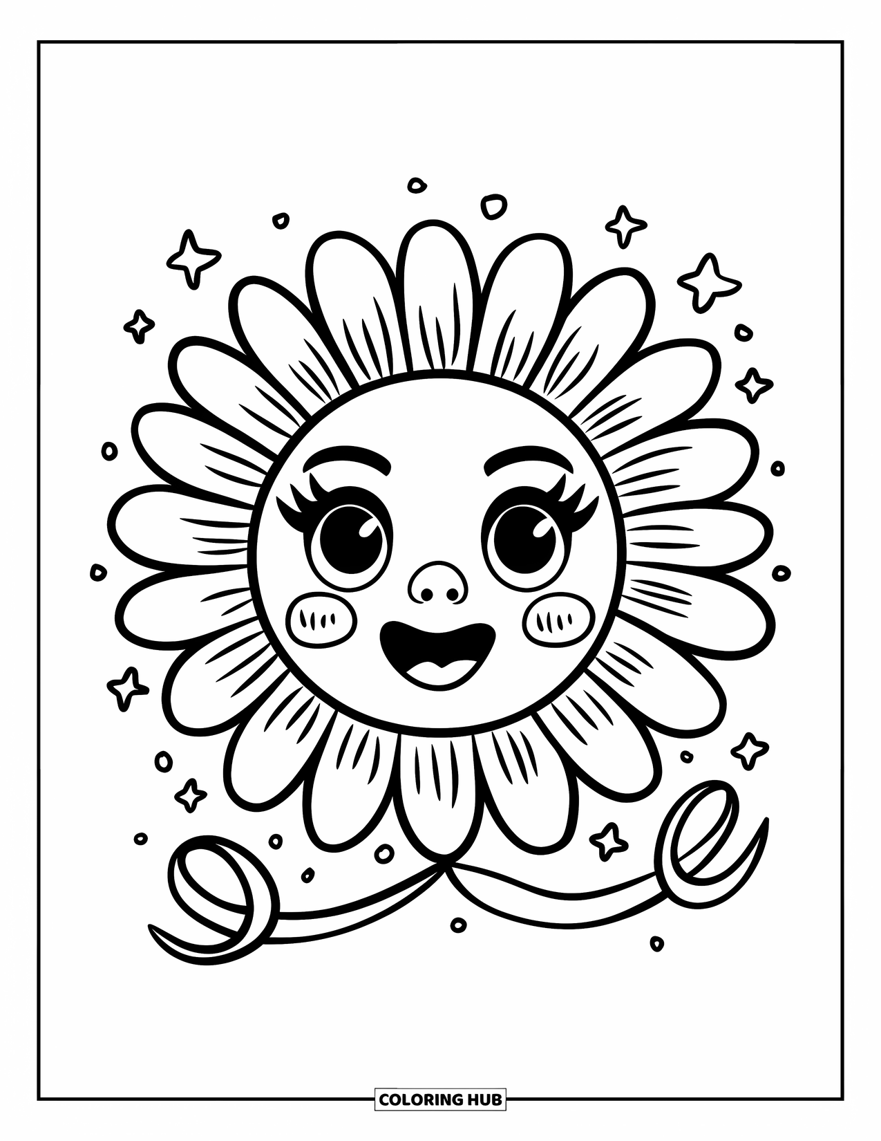 Mask Coloring Page for Adults: A cheerful sunflower mask with wide petals, stars, and ribbon curls
