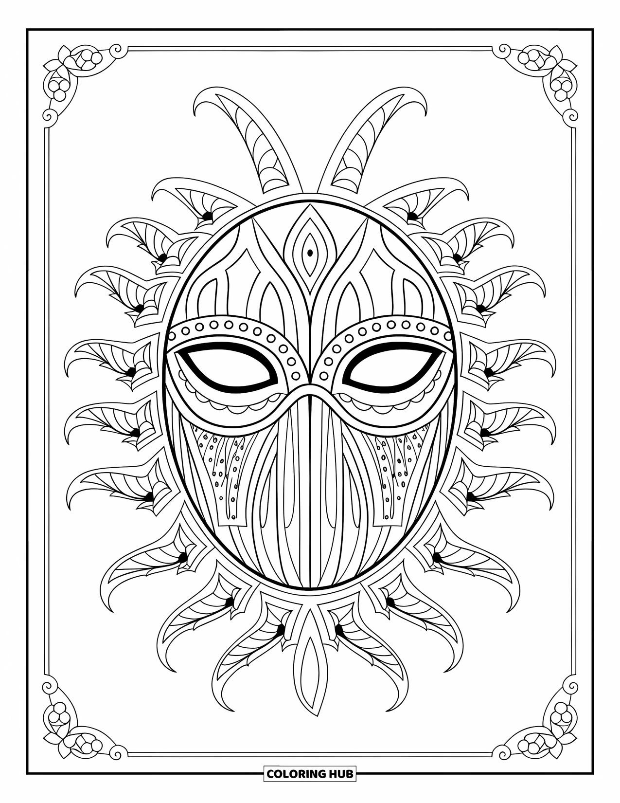 Mask Coloring Page for Adults: A circular gothic mask filled with intricate lace-like designs