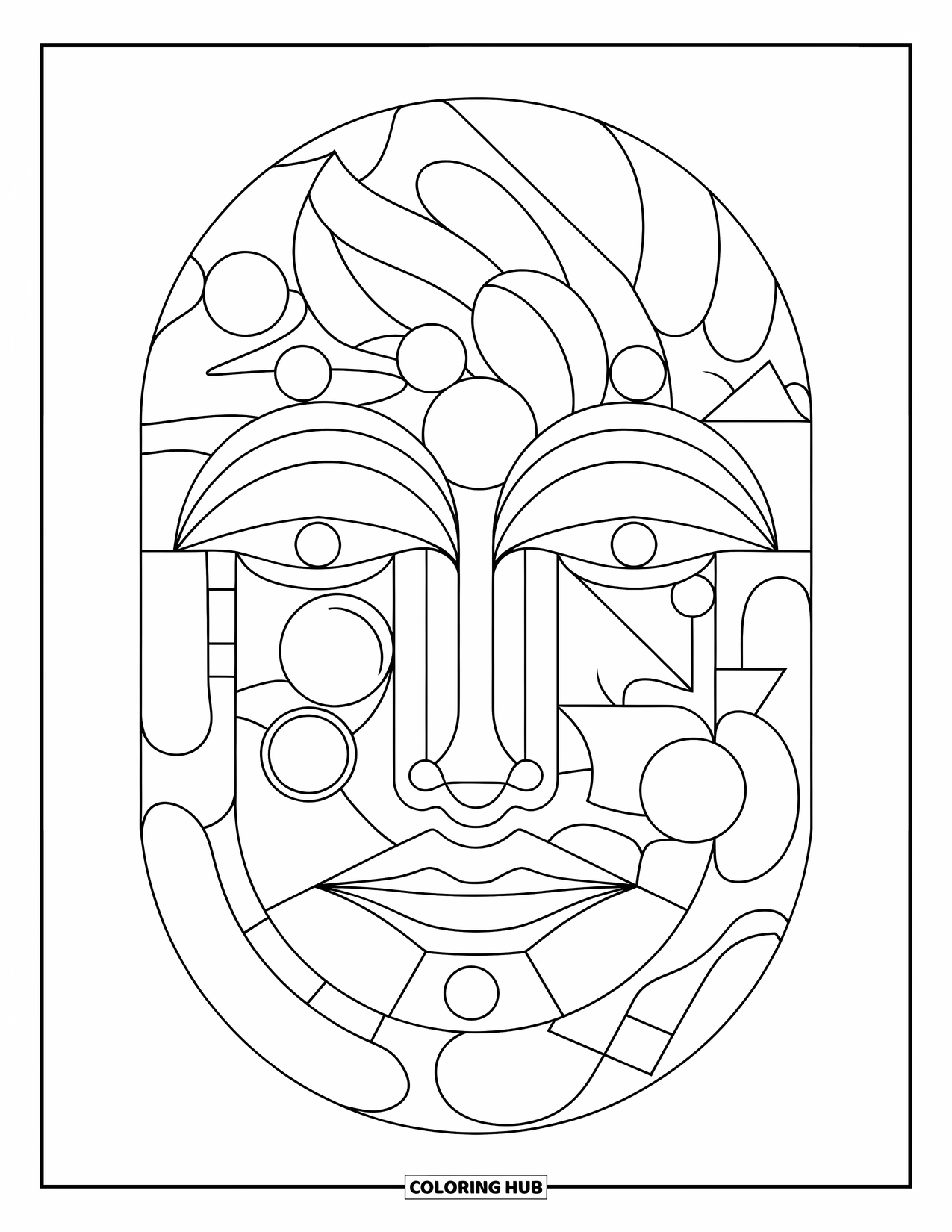 Mask Coloring Page for Adults: A circular mask filled with geometric and curved patterns
