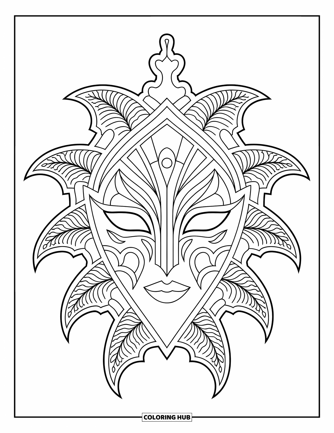 Mask Coloring Page for Adults: A gothic-inspired mask with arches, lace patterns, and fine details