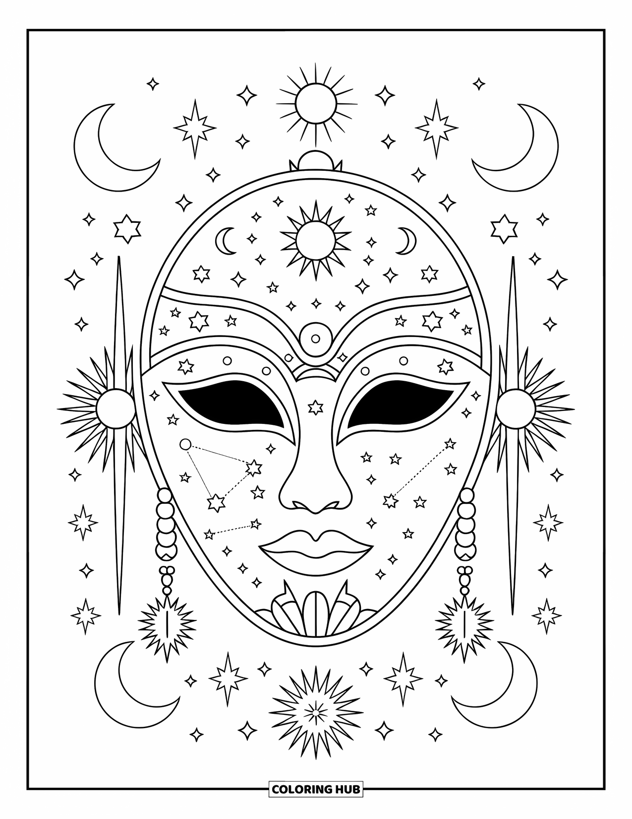 Mask Coloring Page for Adults: A mystical mask adorned with stars, moons, and constellation details