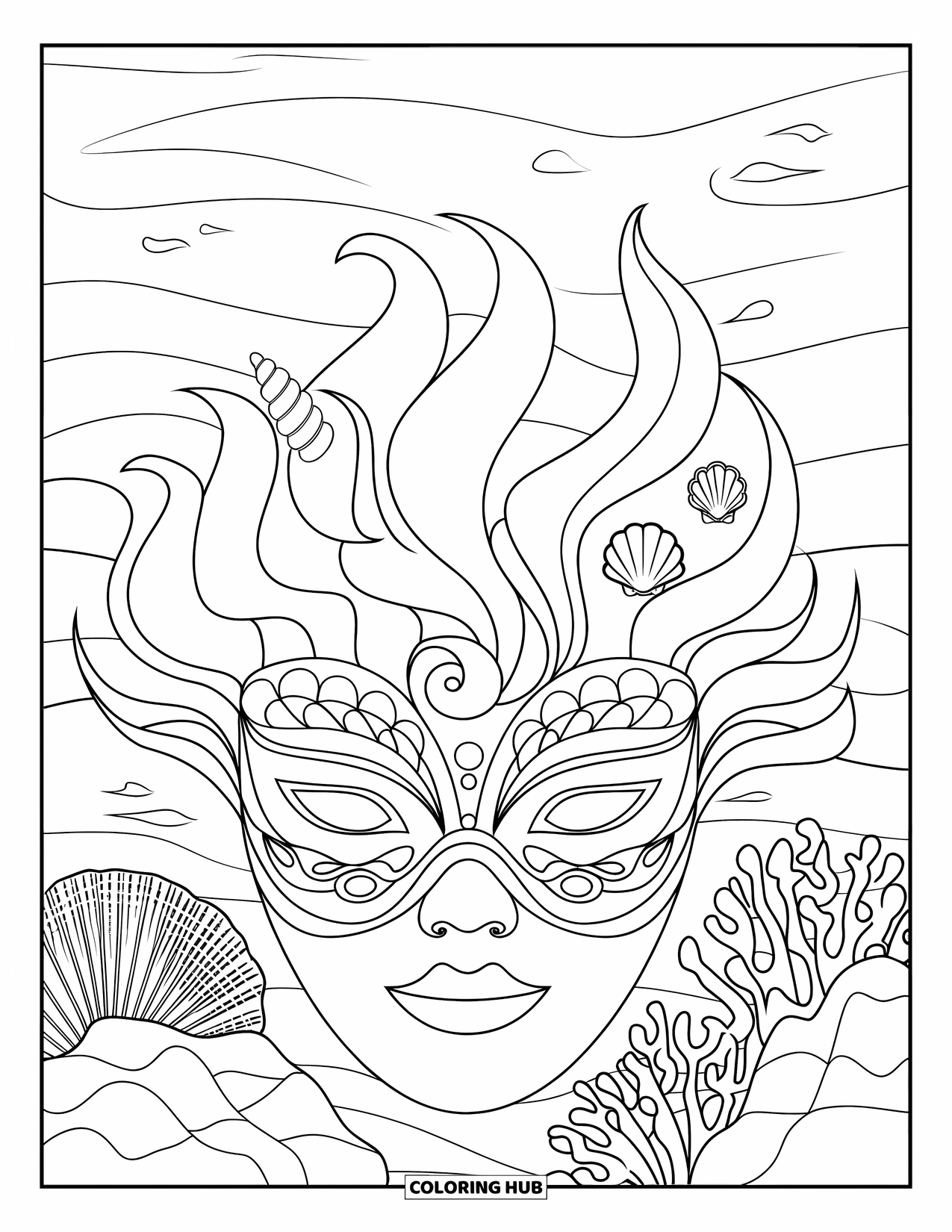 Mask Coloring Page for Adults: A sea-inspired mask with waves, shells, and coral designs