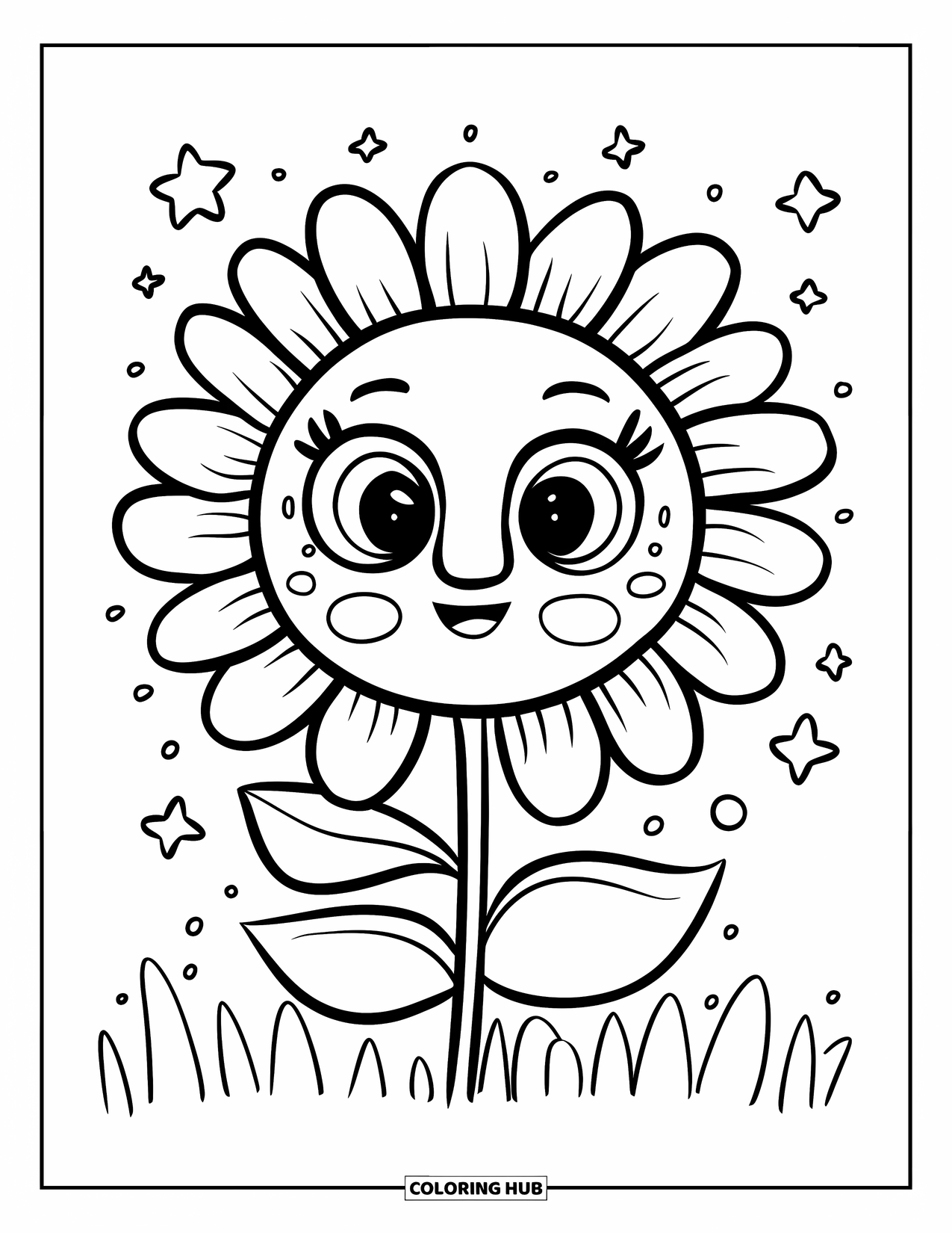 Mask Coloring Page for Adults: A sunflower mask on a stick surrounded by tiny stars