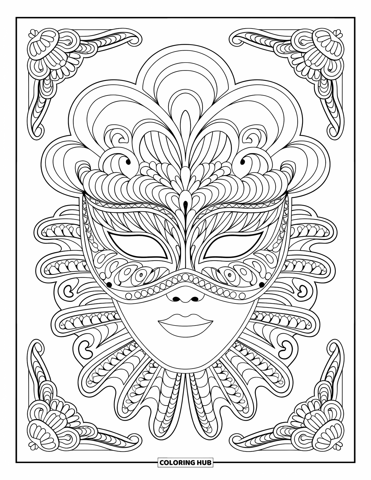 Mask Coloring Page for Adults: An elaborate Venetian mask with lace swirls and decorative borders