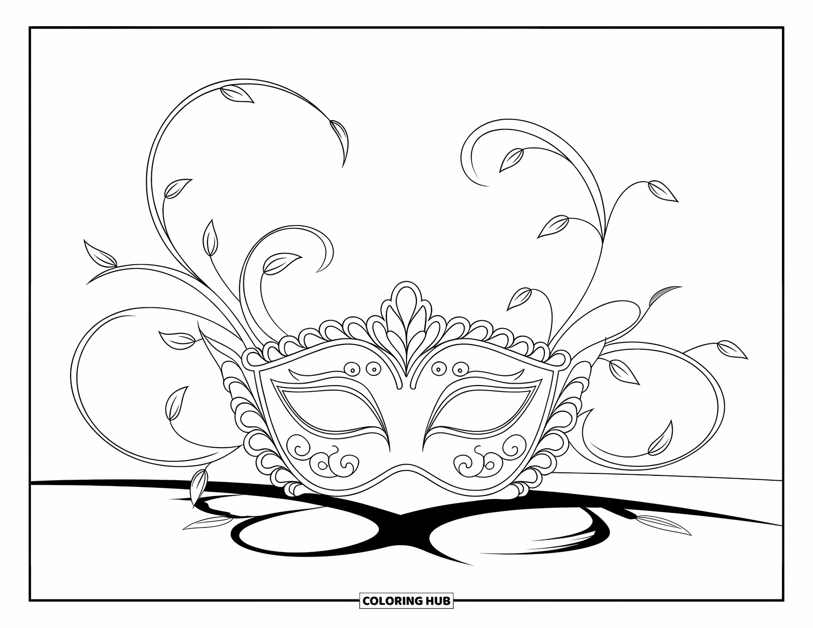 Mask Coloring Page for Adults: An elegant masquerade mask with swirling vines and leaf accents