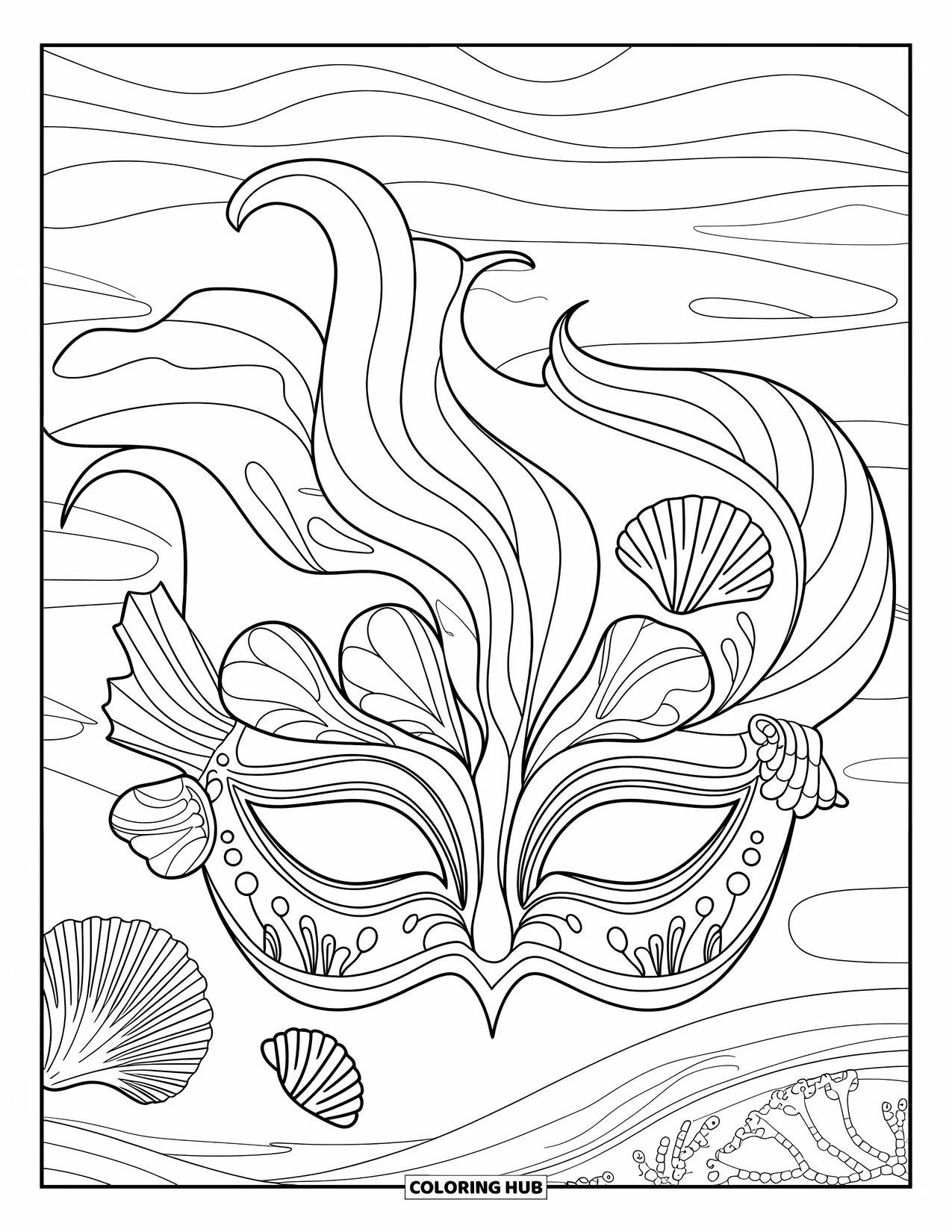Mask Coloring Page for Adults: An ocean-themed mask with waves, seashells, and coral shapes
