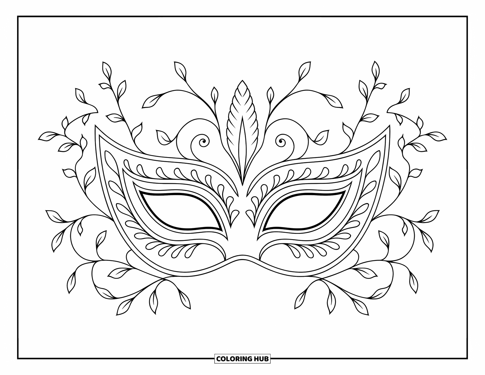 Mask Coloring Page for Adults: An ornate masquerade mask decorated with elegant vines and leaves