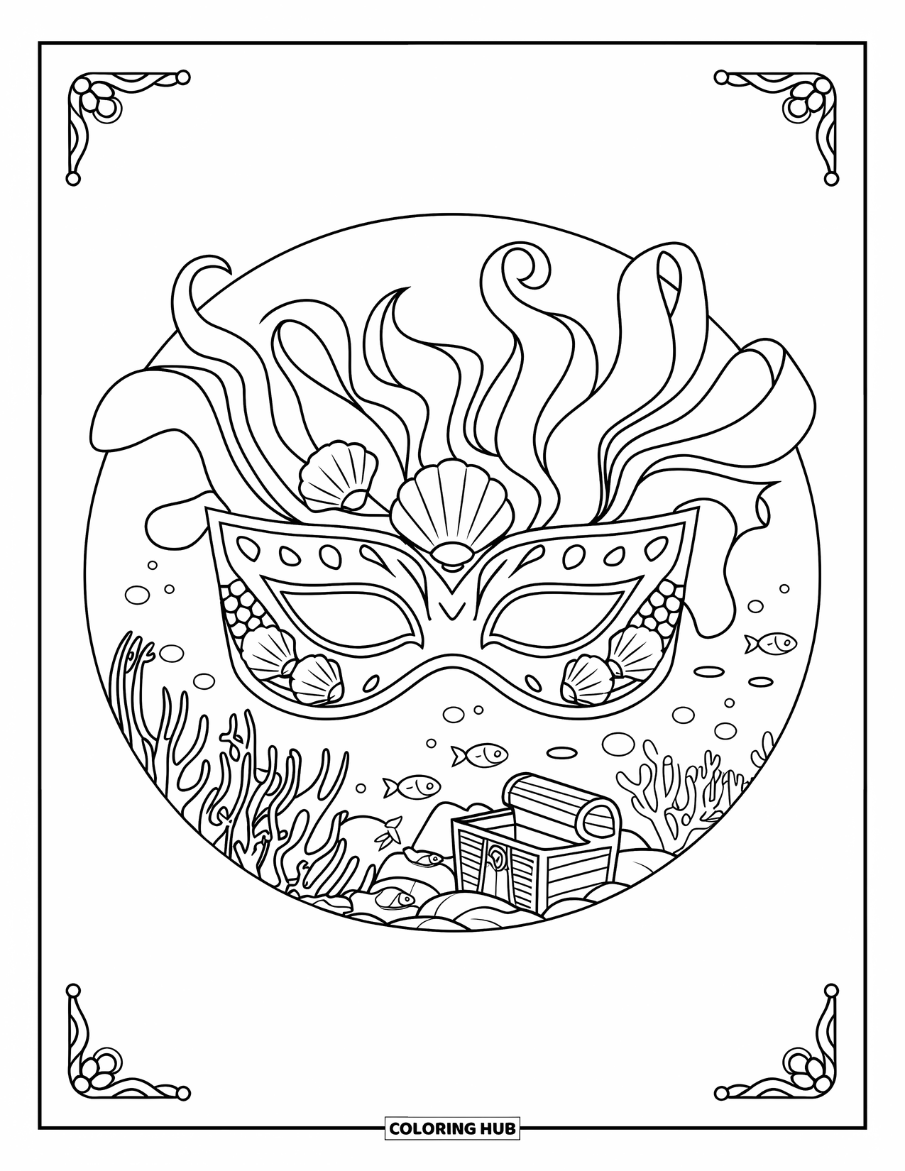 Mask Coloring Page for Adults: An underwater mask with waves, fish, and a treasure chest