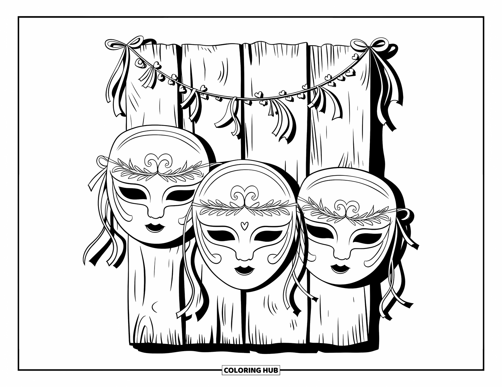 Mask Coloring Page for Adults: Three festival masks with swirls, ribbons, and heart garlands on a wooden board