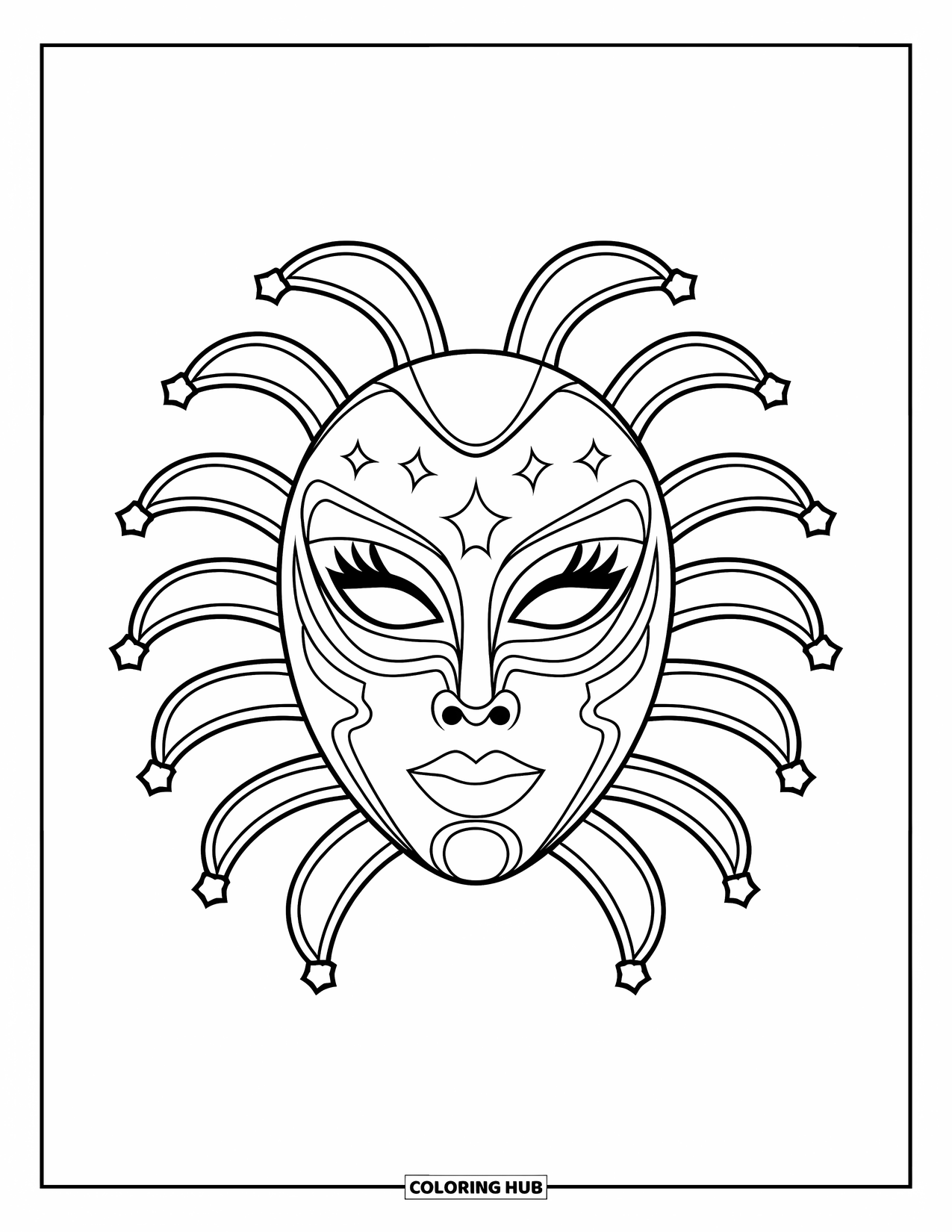 Mask Coloring Page for Kids: A bold carnival mask with curved lines and simple star accents