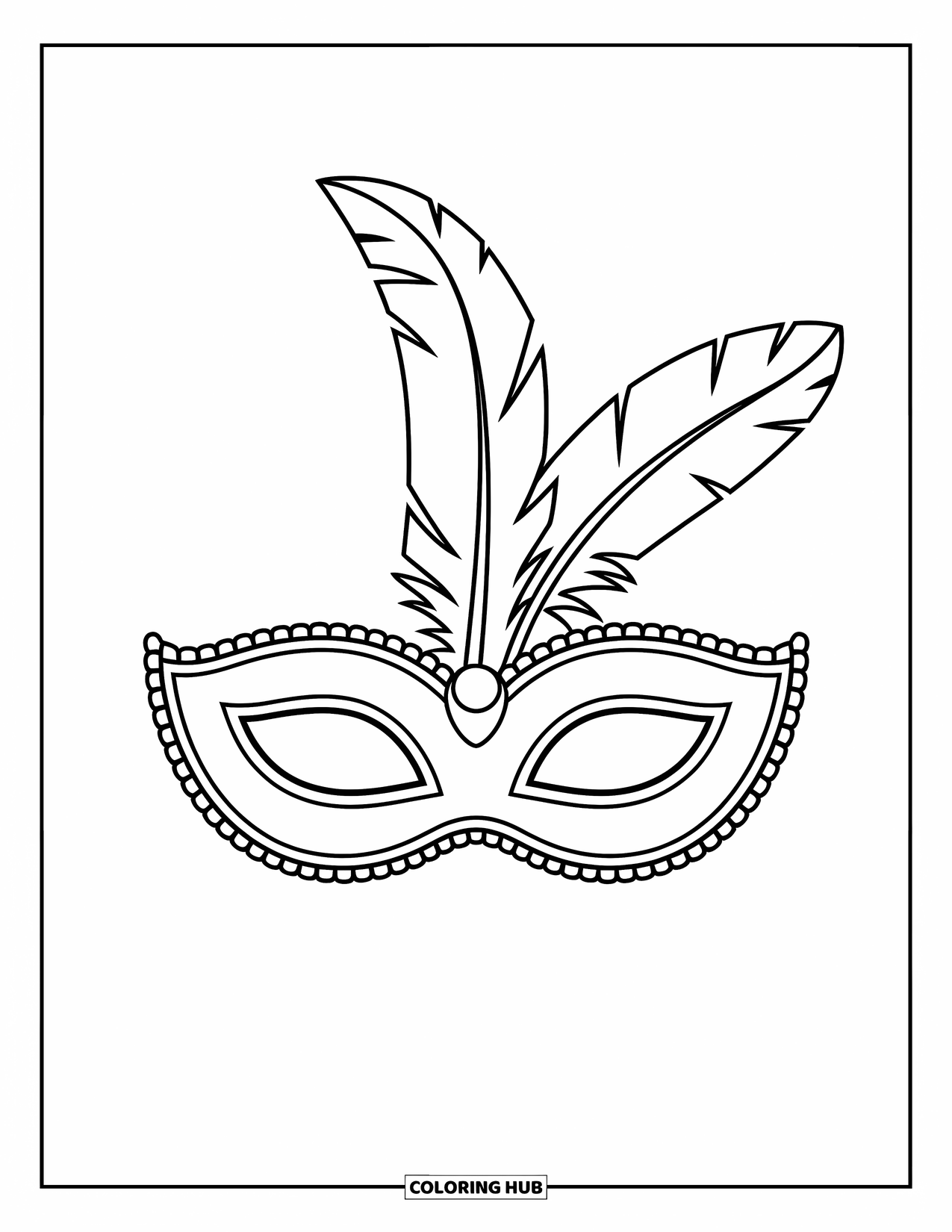 Mask Coloring Page for Kids: A carnival mask with feathers, beads, and a circular eye hole