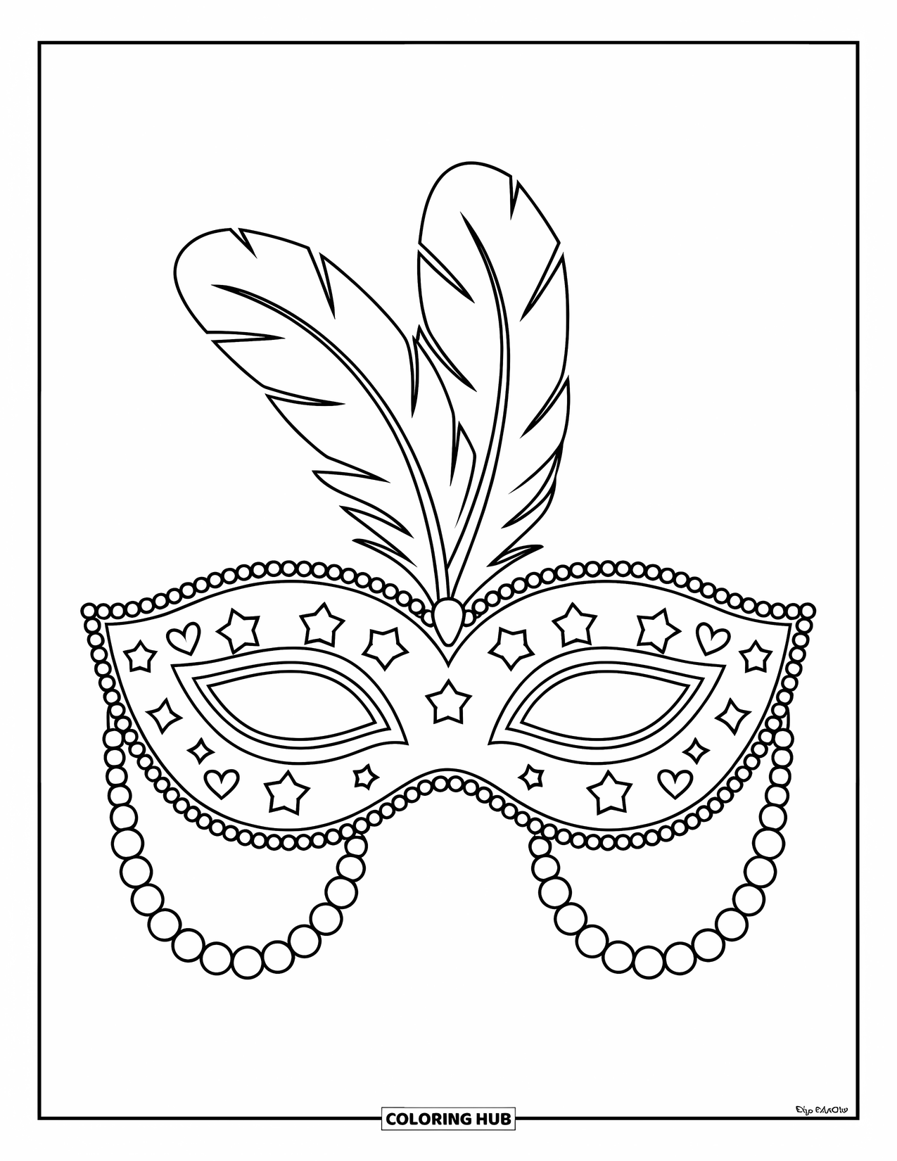 Mask Coloring Page for Kids: A carnival mask with two feathers and patterns of stars, moons, and hearts