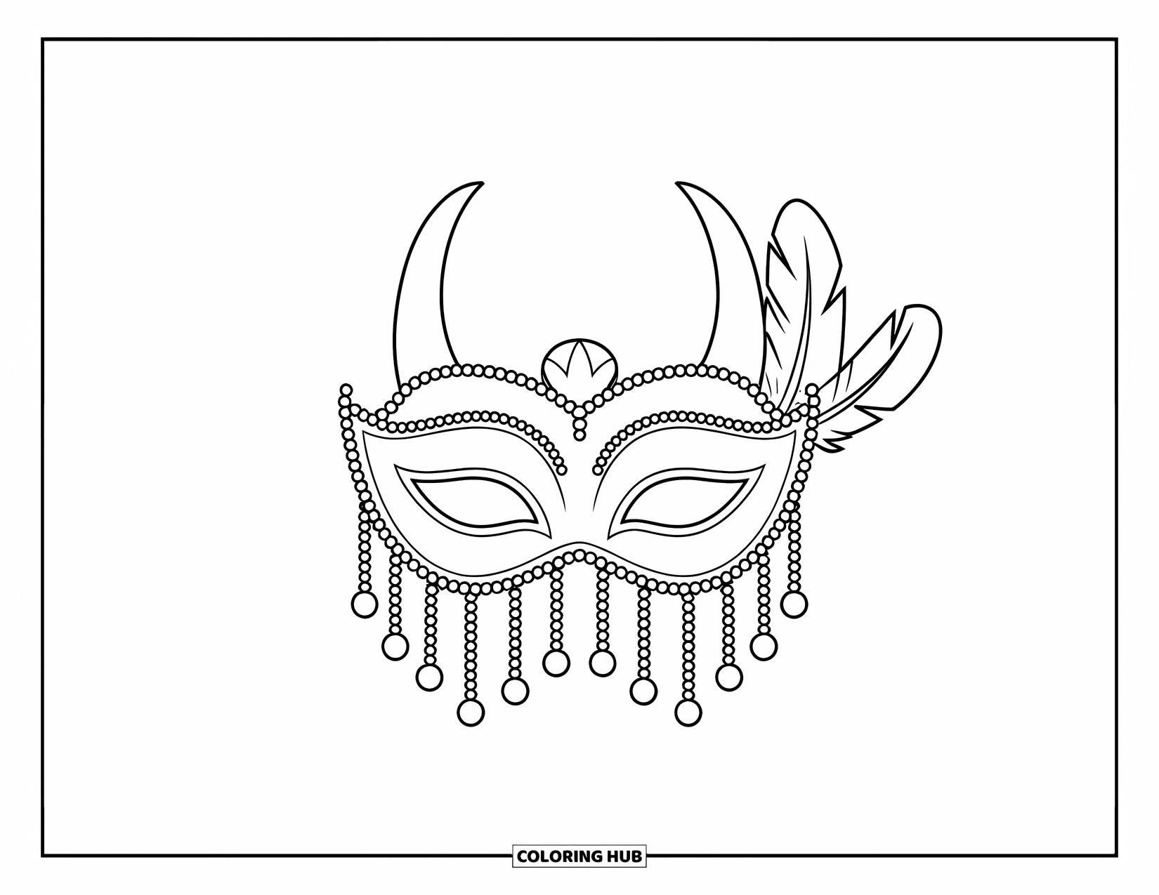 Mask Coloring Page for Kids: A crescent Mardi Gras mask with horns, beads, and a feather