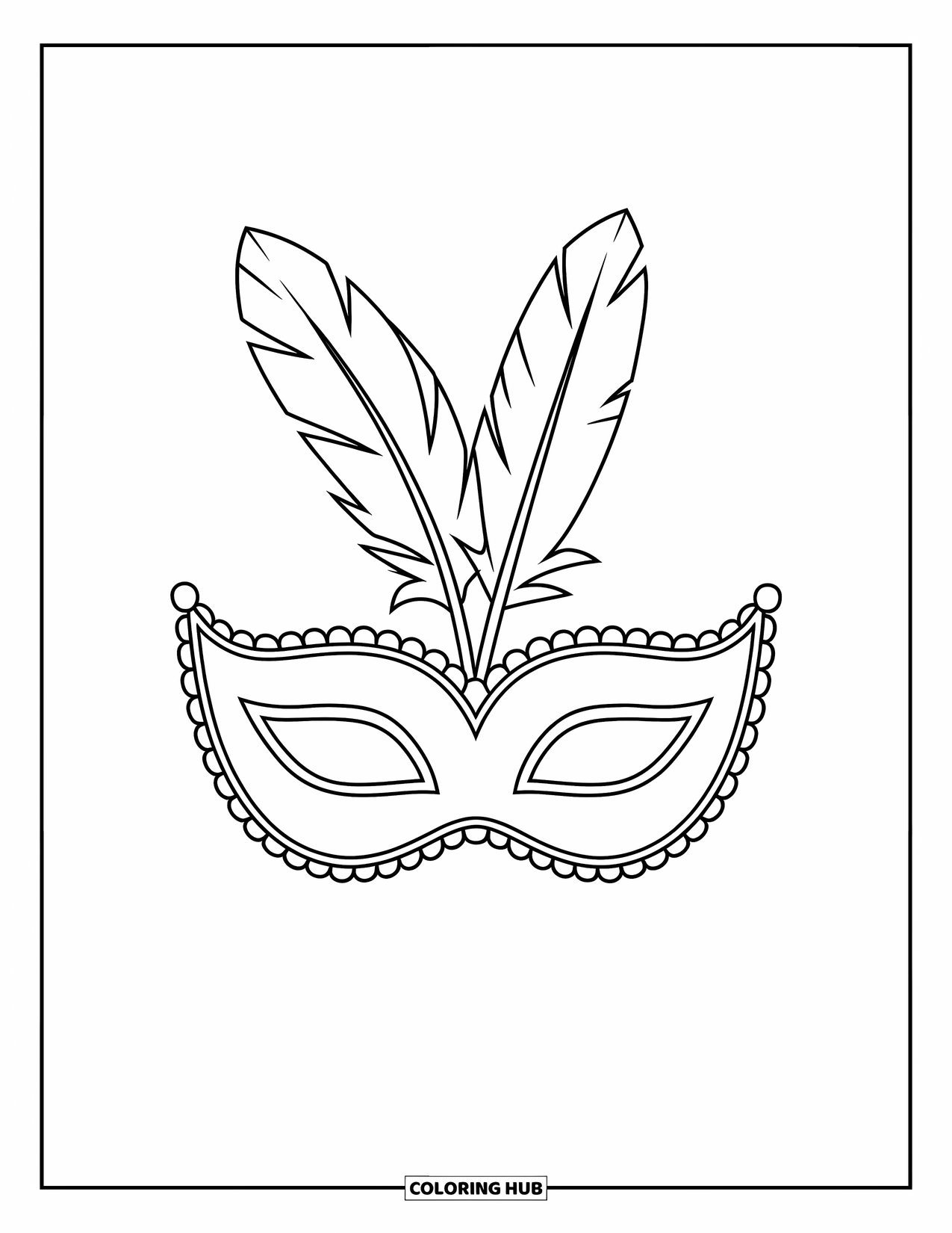 Mask Coloring Page for Kids: A curved carnival mask with feathers and beaded edges