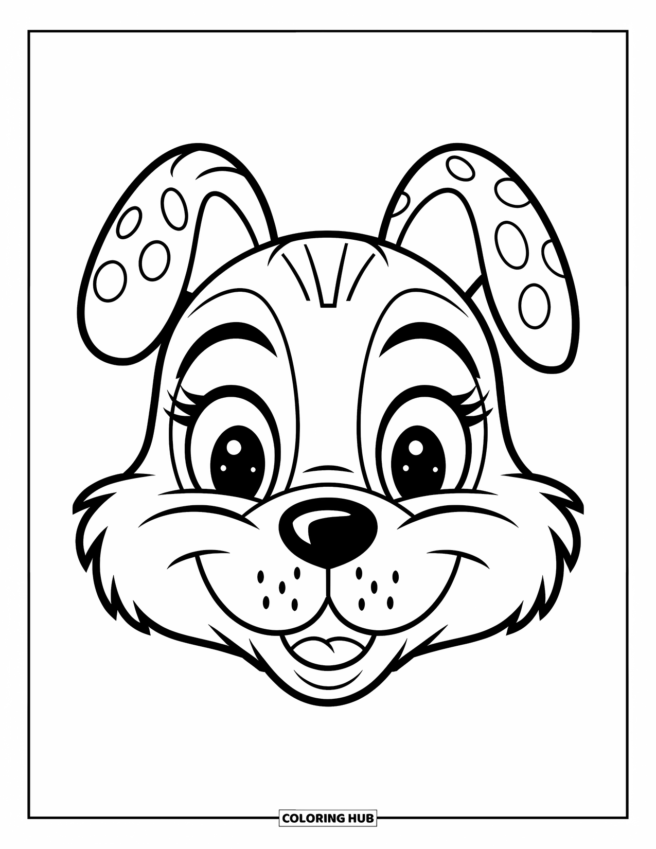 Mask Coloring Page for Kids: A cute dog mask with a spotted ear and a small, round nose