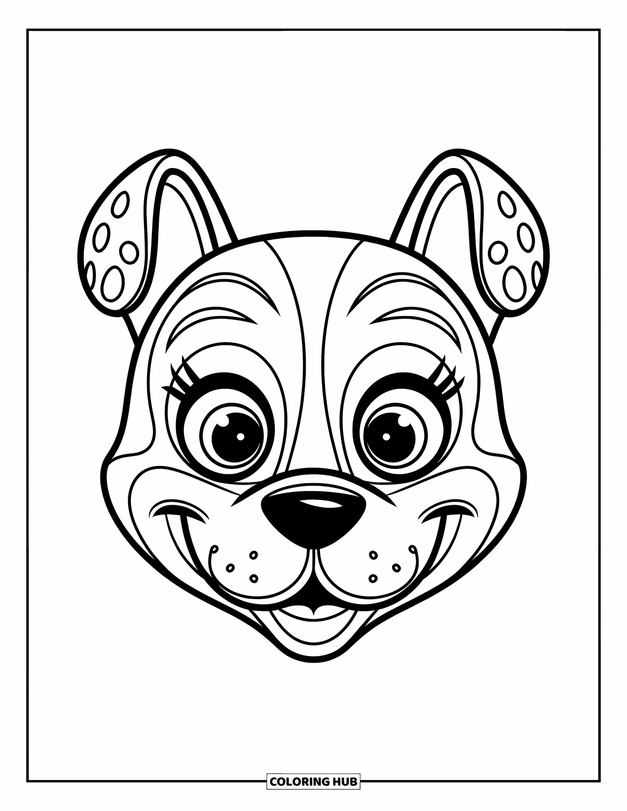Mask Coloring Page for Kids: A cute dog mask with one spotted ear and a tiny nose