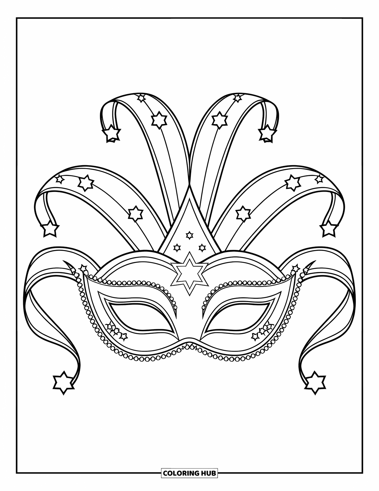 Mask Coloring Page for Kids: A decorative carnival mask with curved edges and shining star accents
