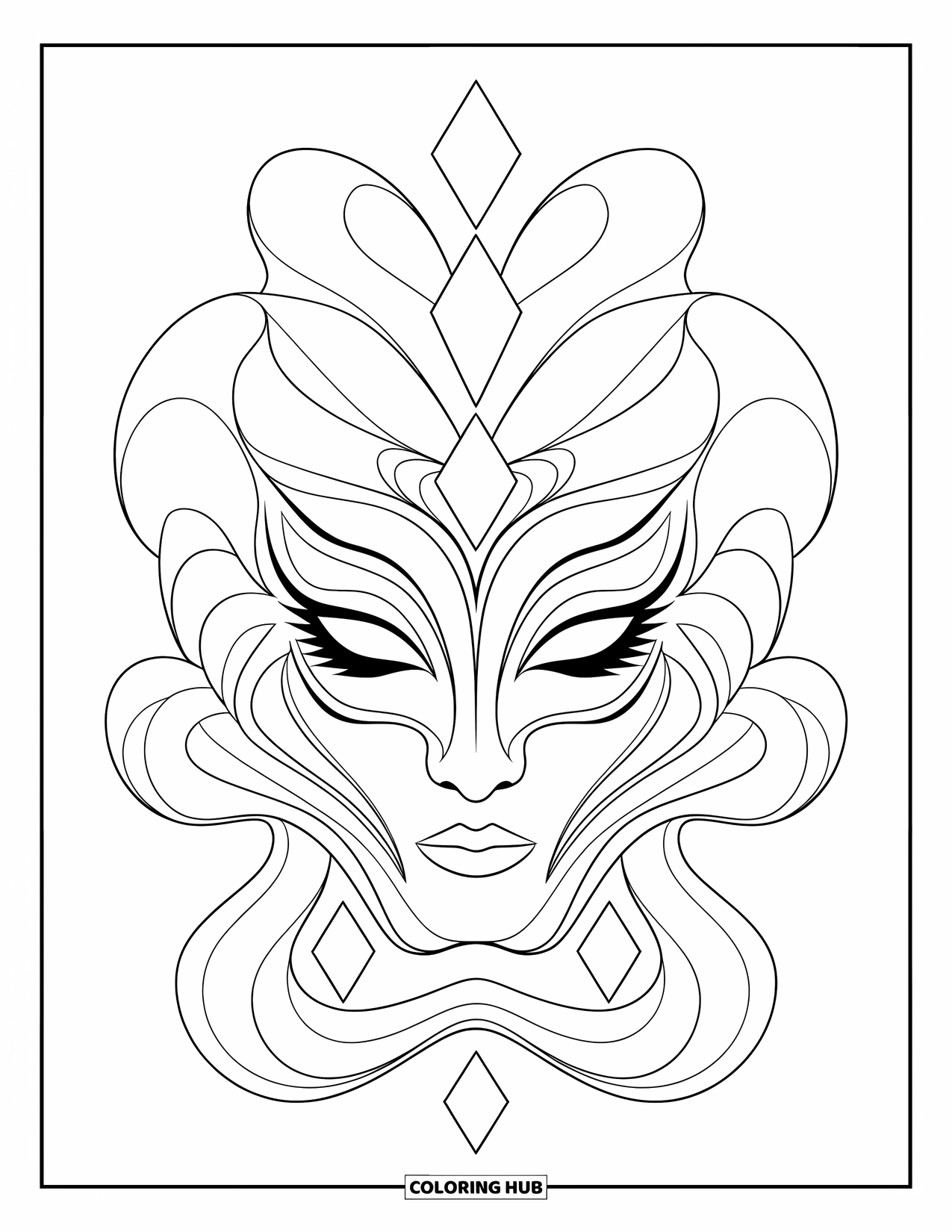 Mask Coloring Page for Kids: A fantasy mask with flowing curves and small diamond-shaped accents