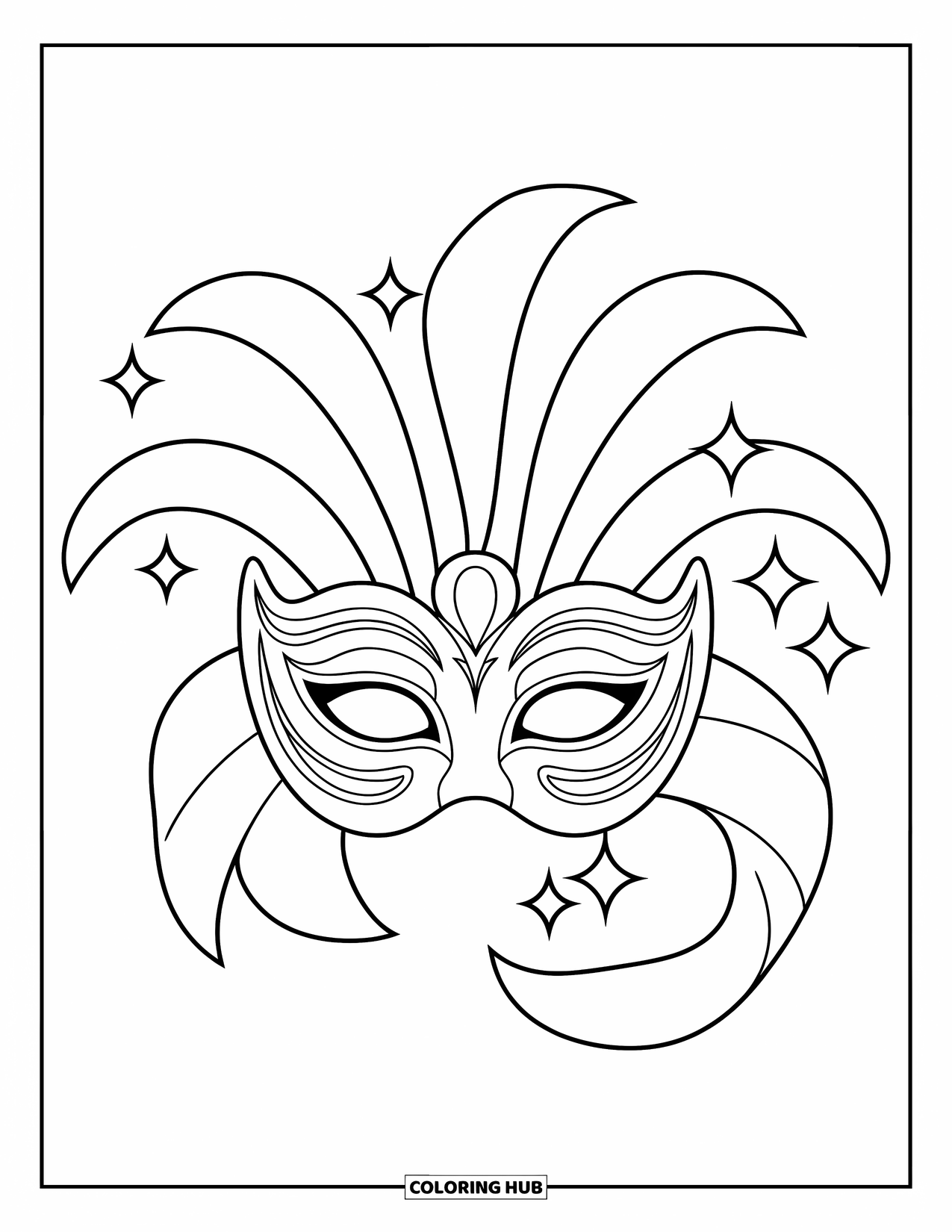 Mask Coloring Page for Kids: A large carnival mask with expressive curves and star details