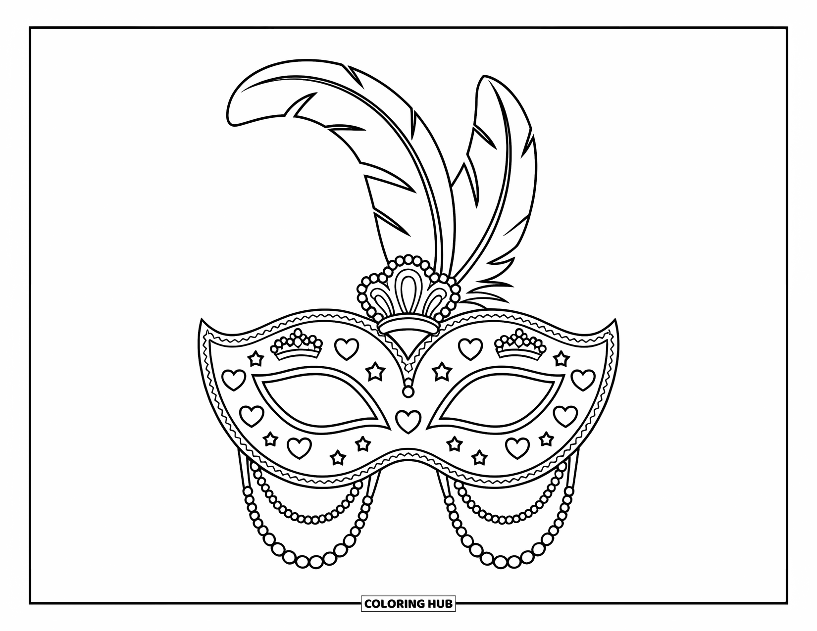 Mask Coloring Page for Kids: A Mardi Gras mask decorated with crowns, hearts, stars, and feathers