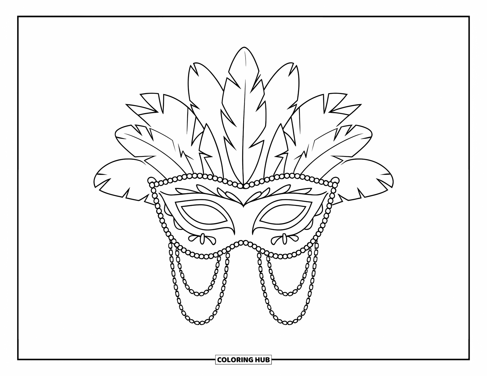 Mask Coloring Page for Kids: A Mardi Gras mask with bead strands and feather details